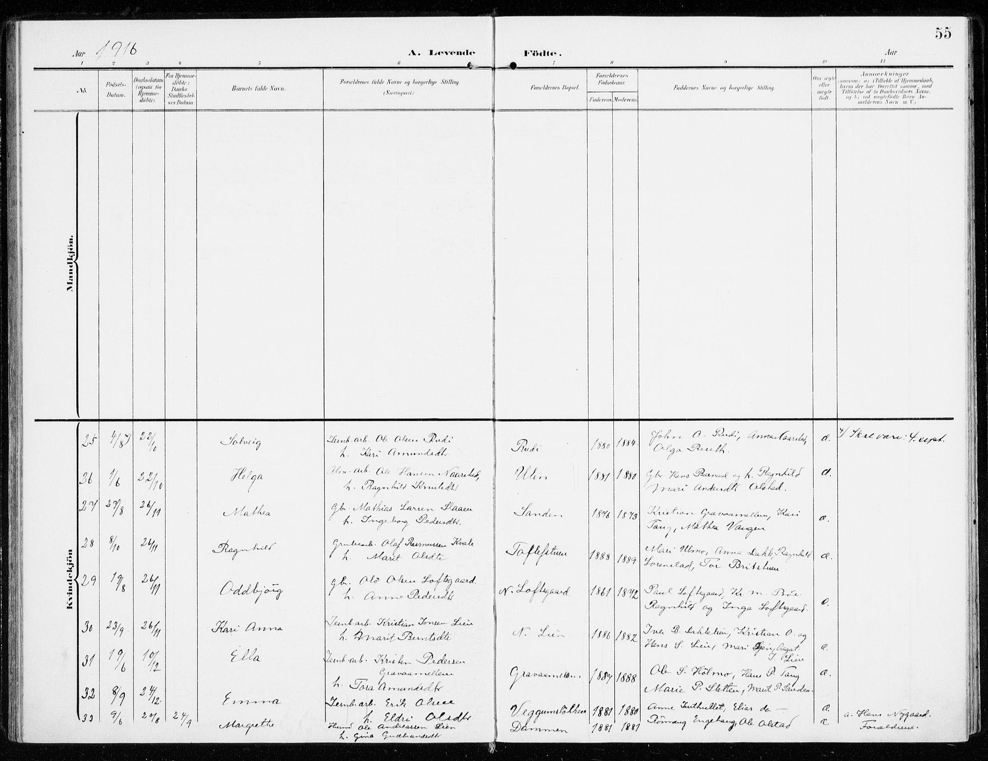 Sel prestekontor, AV/SAH-PREST-074/H/Ha/Haa/L0002: Ministerialbok nr. 2, 1905-1919, s. 55
