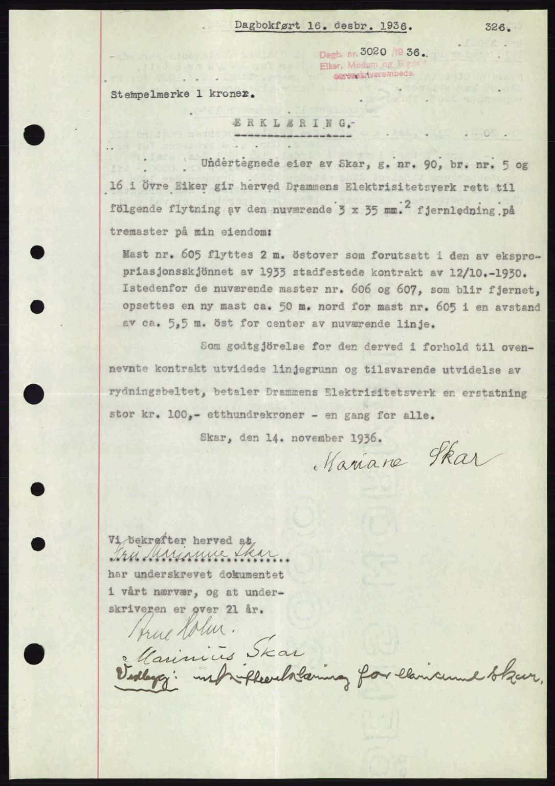 Eiker, Modum og Sigdal sorenskriveri, SAKO/A-123/G/Ga/Gab/L0034: Pantebok nr. A4, 1936-1937, Dagboknr: 3020/1936