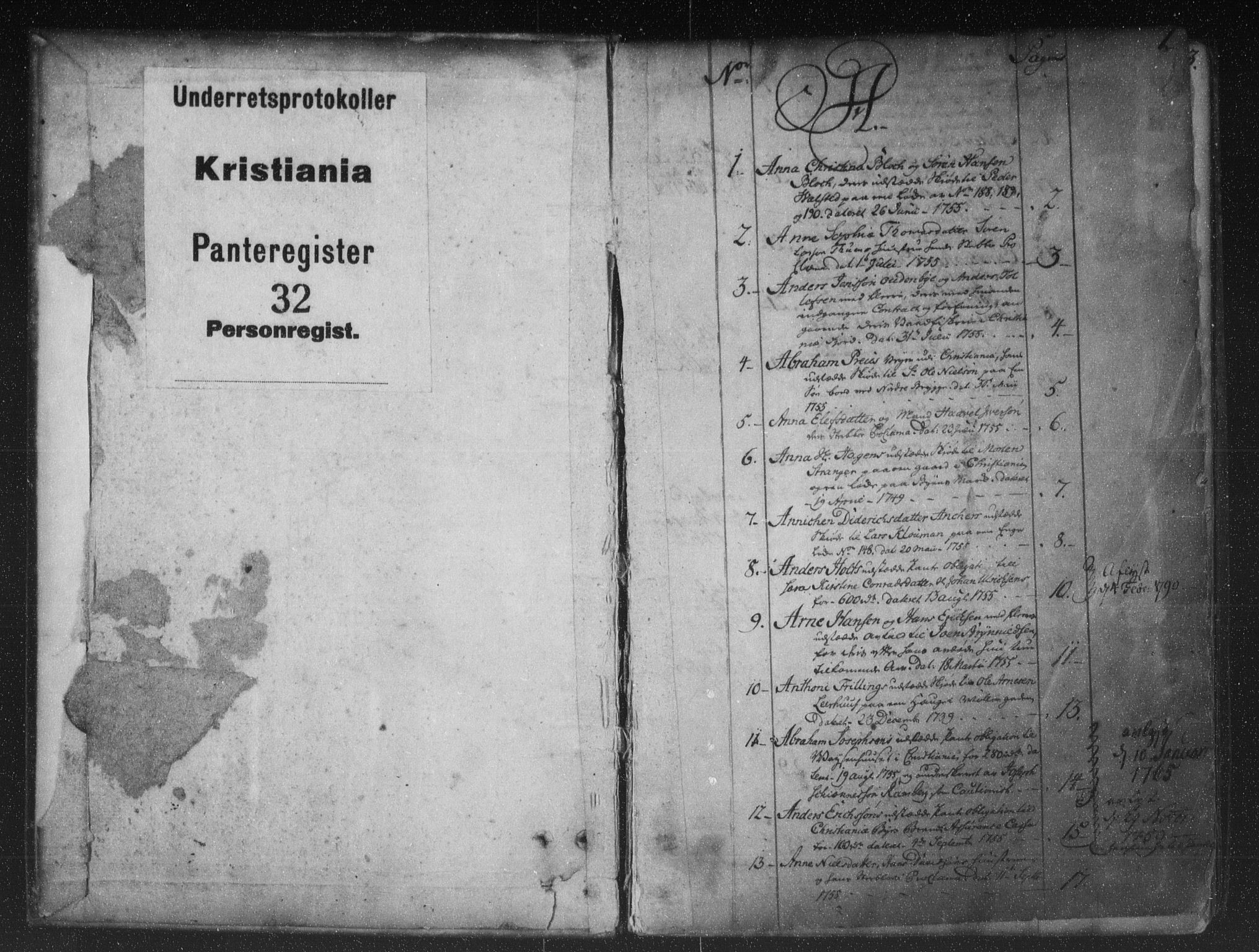 Christiania byfogd, SAO/A-11543/G/Ga/Gaa/Gaaa/L0010: Panteregister nr. I 10, 1755-1764, s. 1