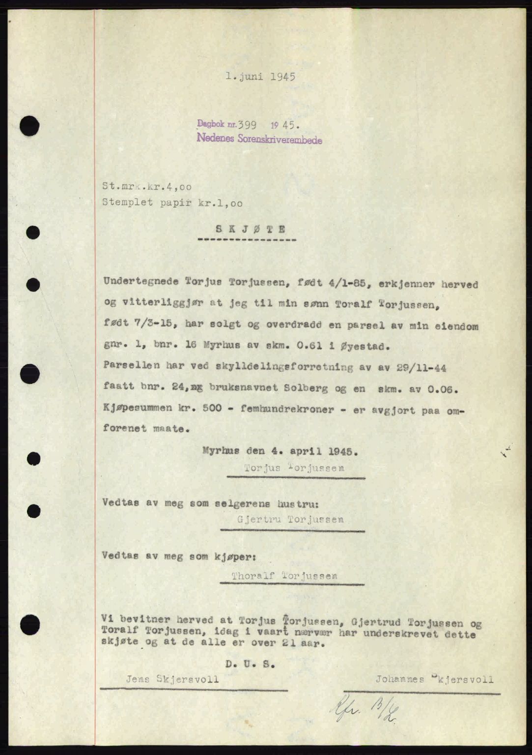 Nedenes sorenskriveri, SAK/1221-0006/G/Gb/Gba/L0052: Pantebok nr. A6a, 1944-1945, Dagboknr: 399/1945