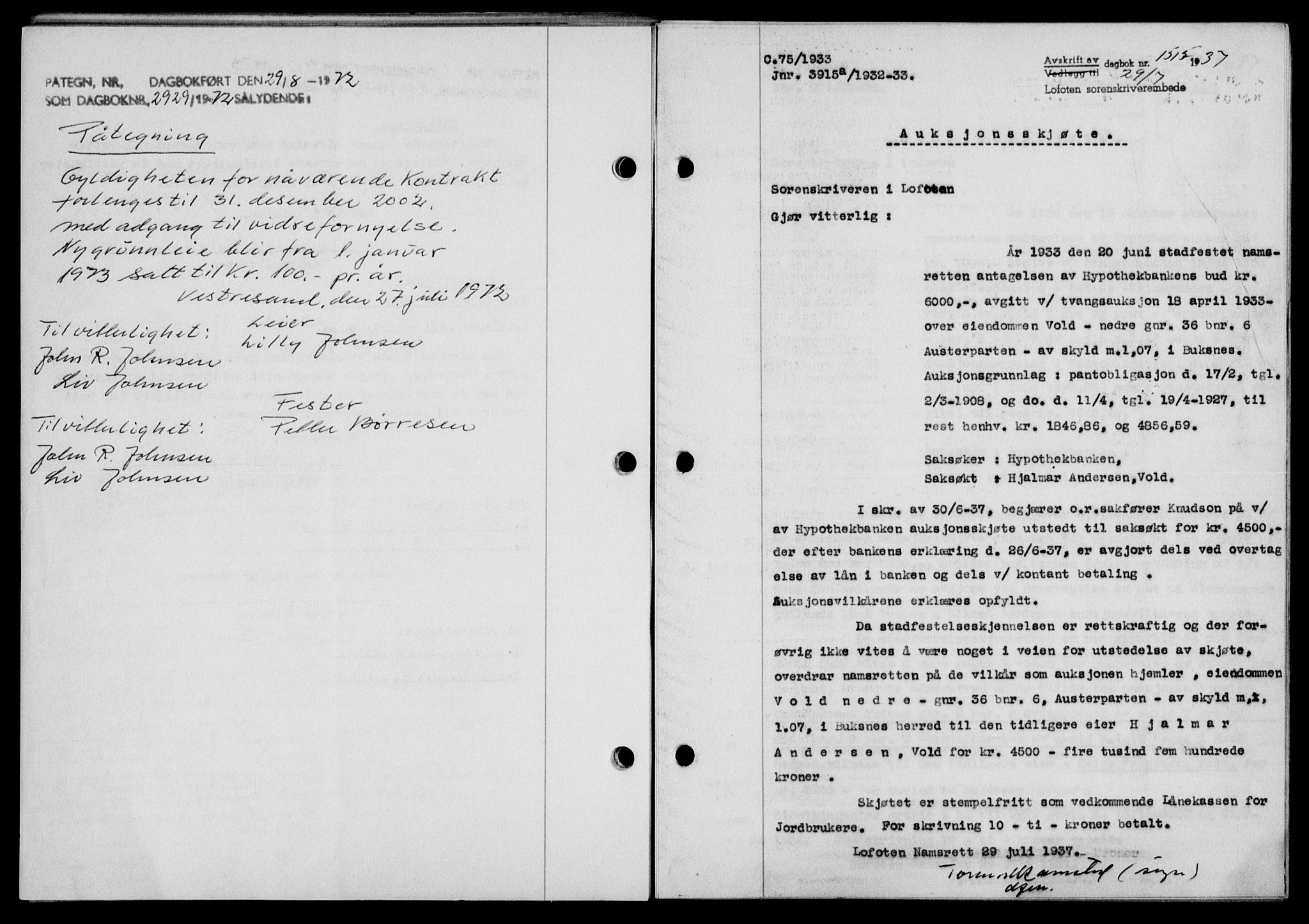 Lofoten sorenskriveri, SAT/A-0017/1/2/2C/L0002a: Pantebok nr. 2a, 1937-1937, Dagboknr: 1515/1937