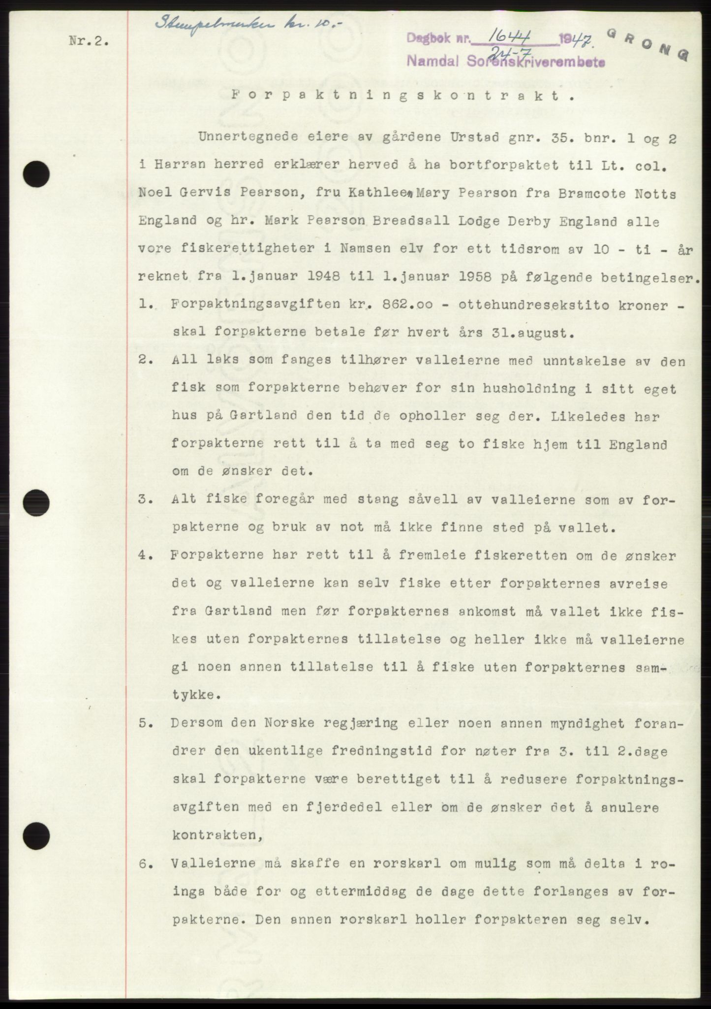 Namdal sorenskriveri, SAT/A-4133/1/2/2C: Pantebok nr. -, 1947-1947, Dagboknr: 1644/1947