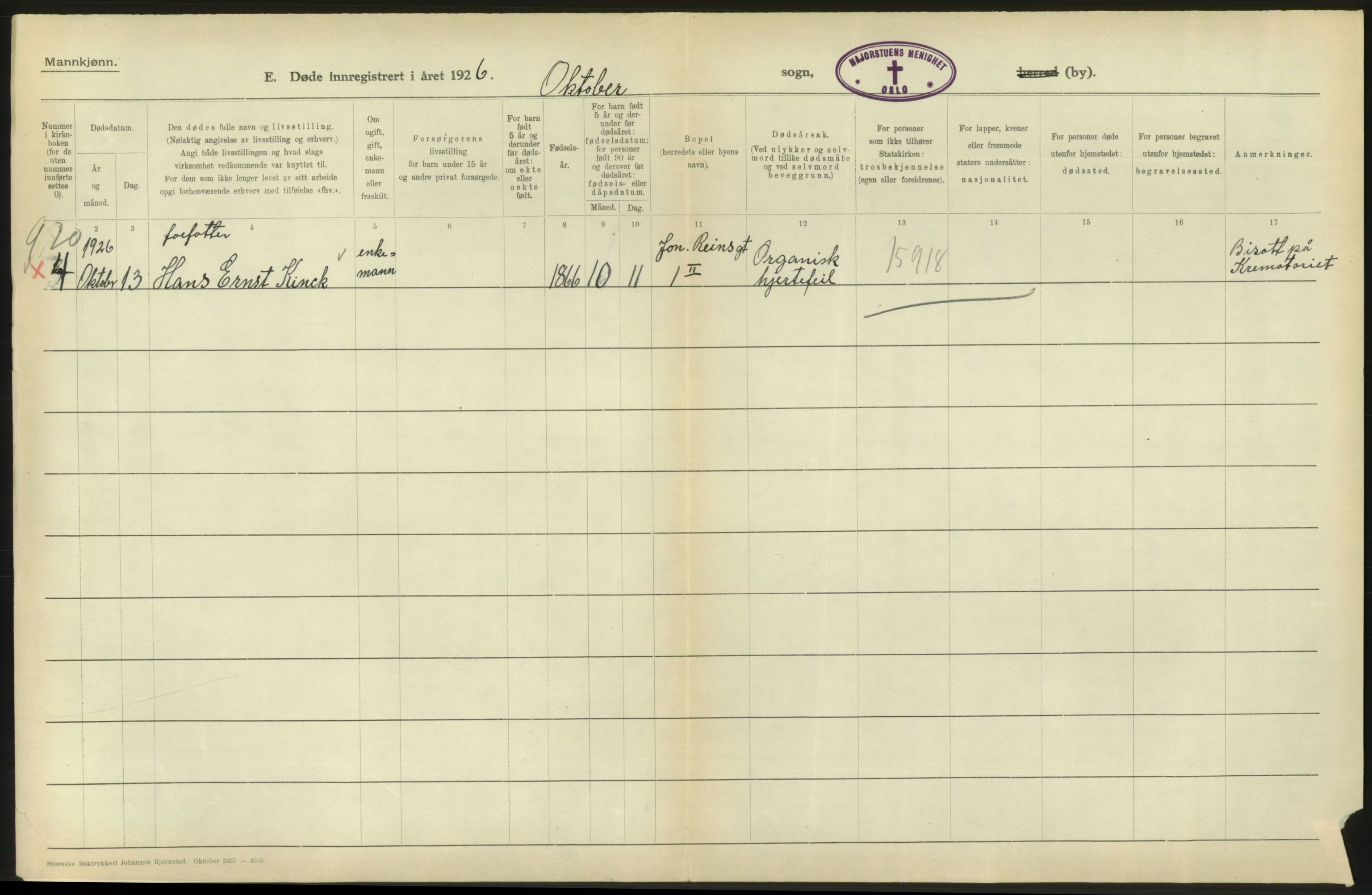 Statistisk sentralbyrå, Sosiodemografiske emner, Befolkning, AV/RA-S-2228/D/Df/Dfc/Dfcf/L0009: Oslo: Døde menn, 1926, s. 592