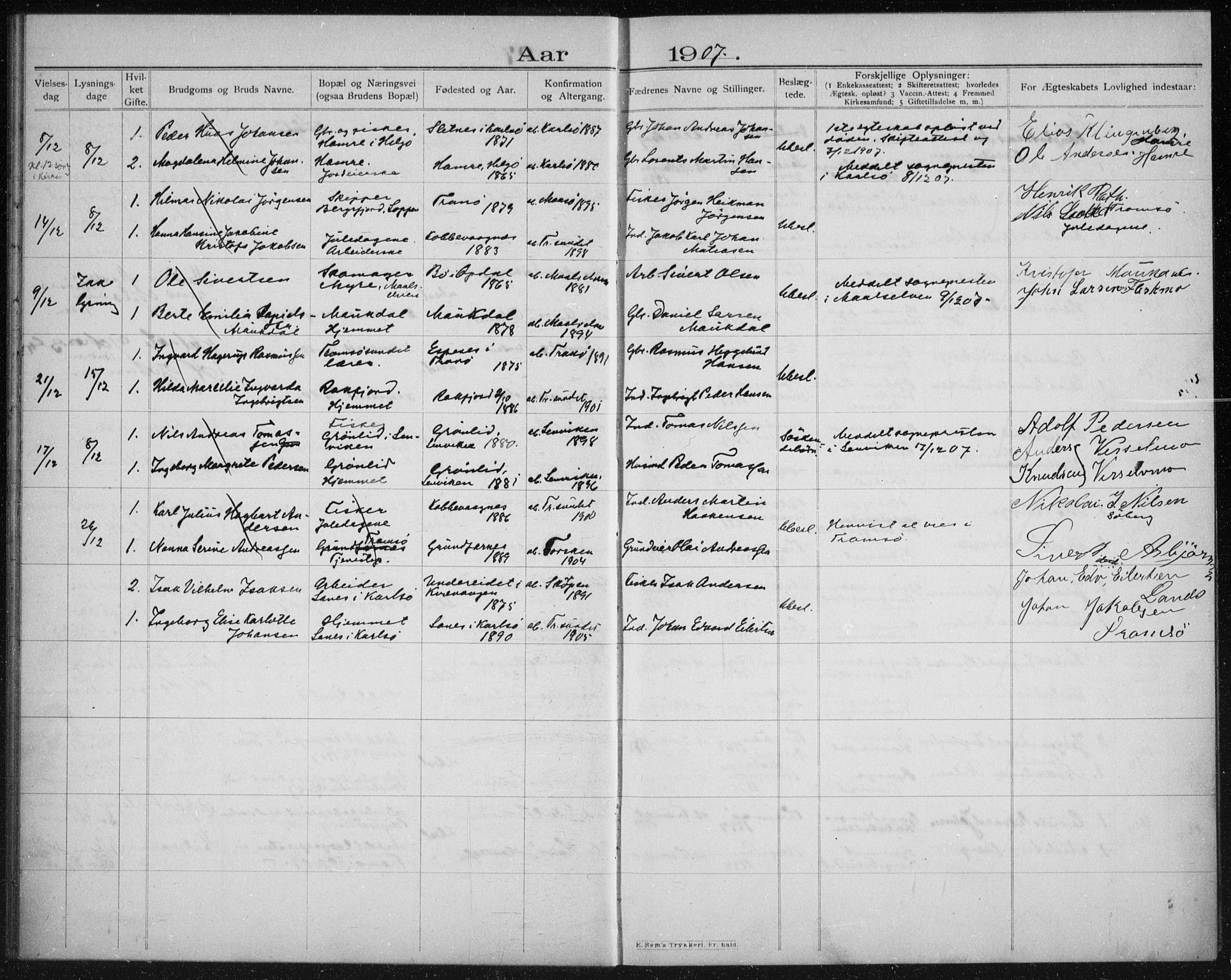 Tromsøysund sokneprestkontor, AV/SATØ-S-1304/H/Hc/L0058: Lysningsprotokoll nr. 58, 1905-1912