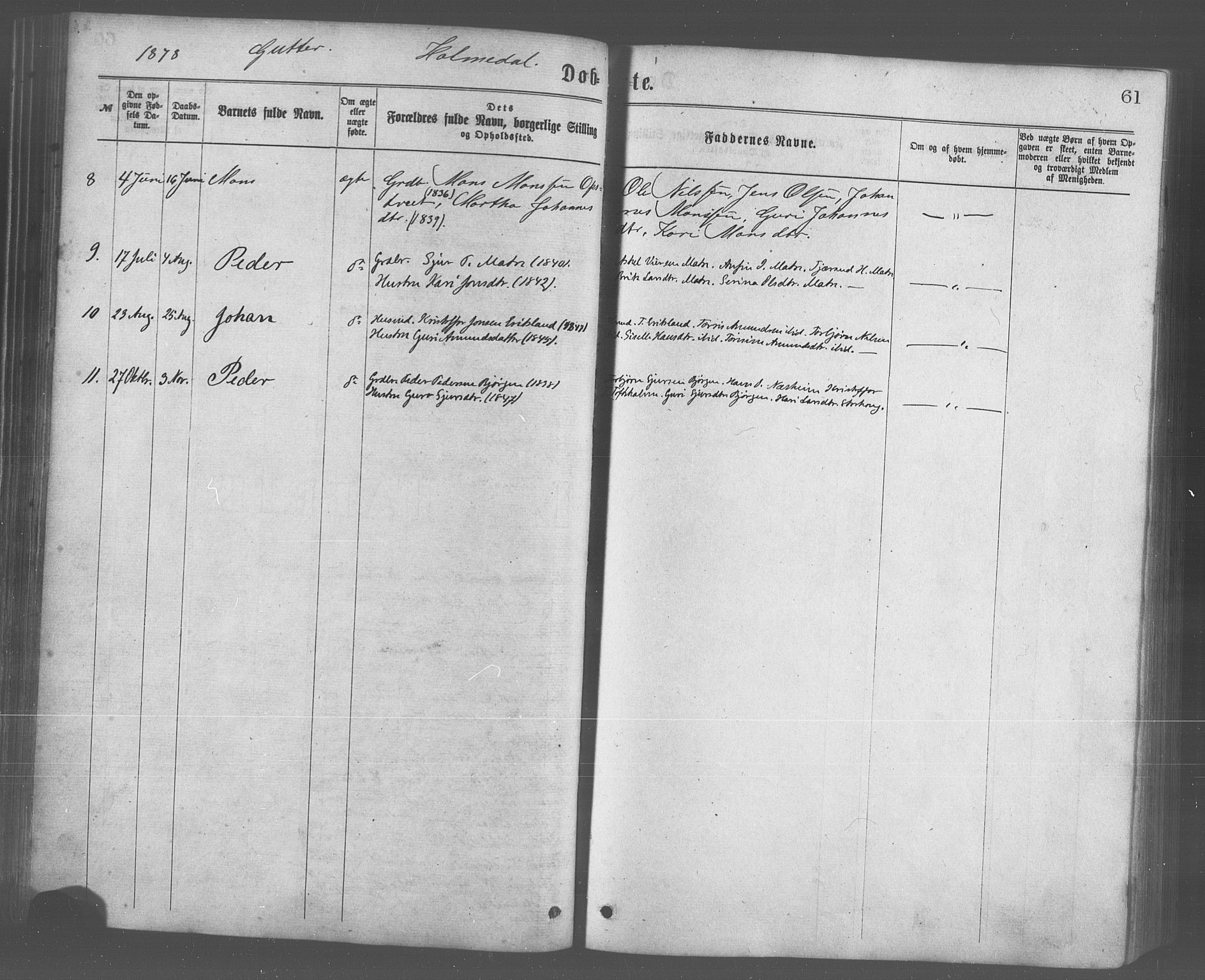 Skånevik sokneprestembete, AV/SAB-A-77801/H/Haa: Ministerialbok nr. A 6, 1869-1878, s. 61