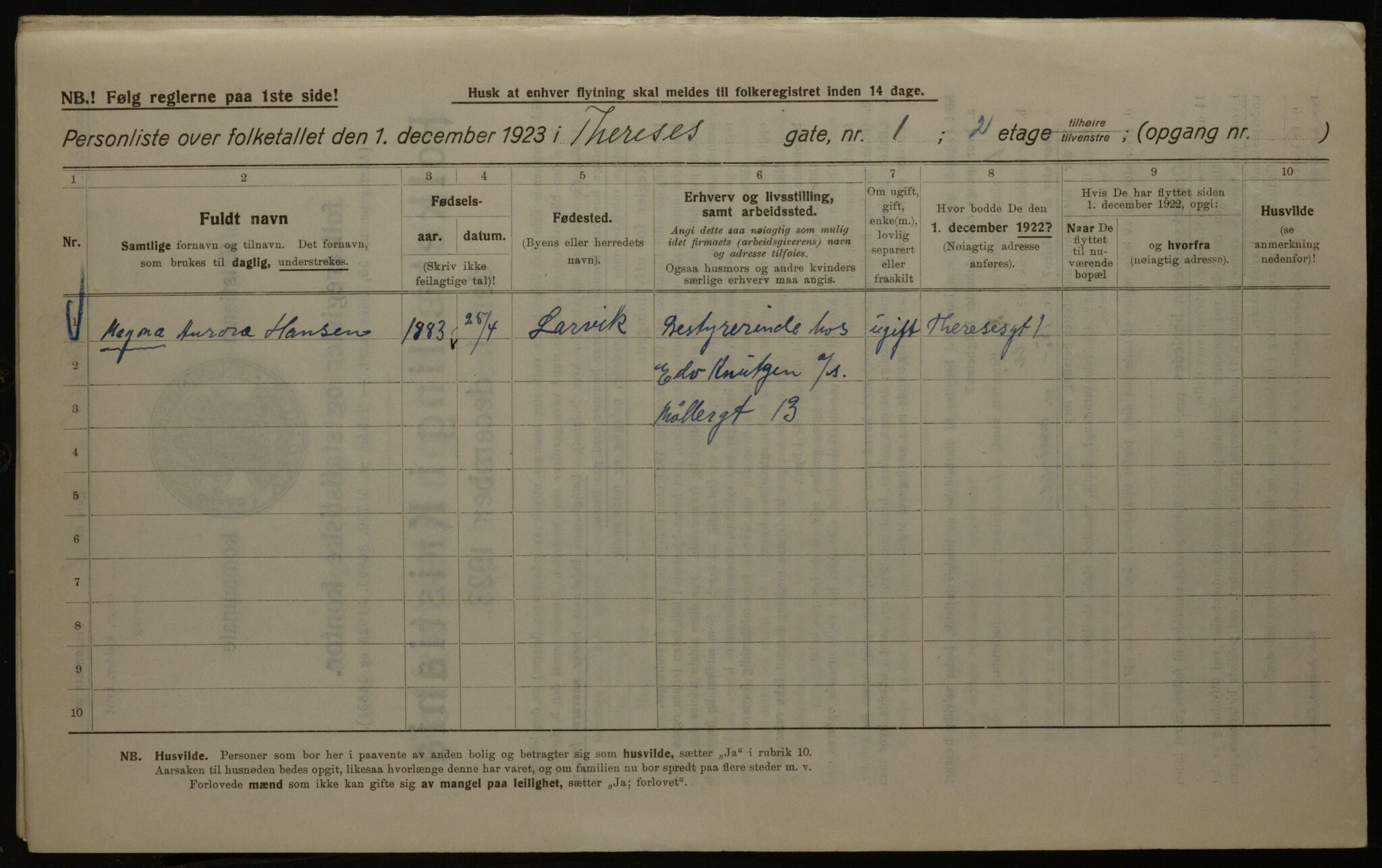 OBA, Kommunal folketelling 1.12.1923 for Kristiania, 1923, s. 118953