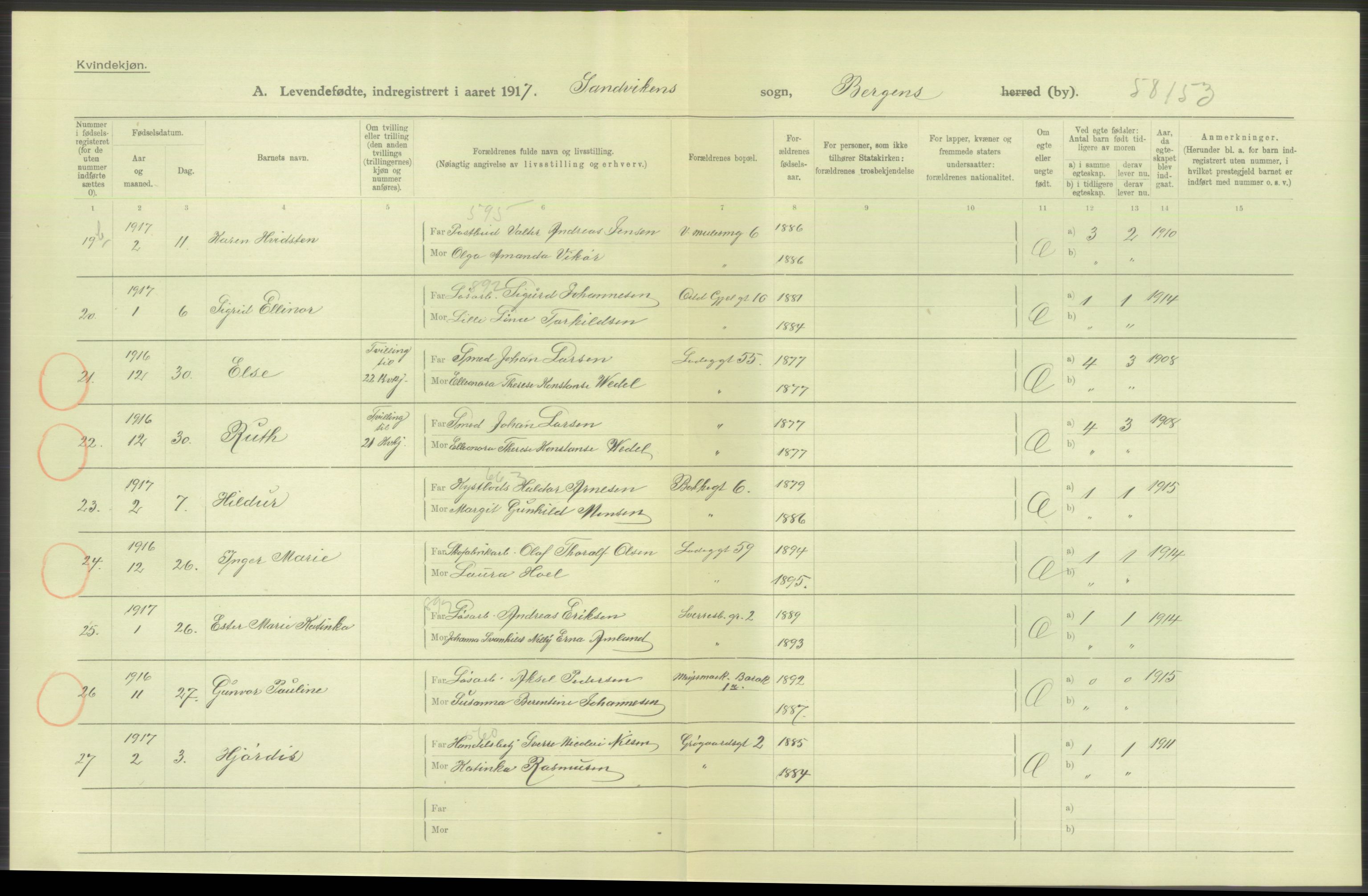 Statistisk sentralbyrå, Sosiodemografiske emner, Befolkning, AV/RA-S-2228/D/Df/Dfb/Dfbg/L0037: Bergen: Levendefødte menn og kvinner., 1917, s. 250
