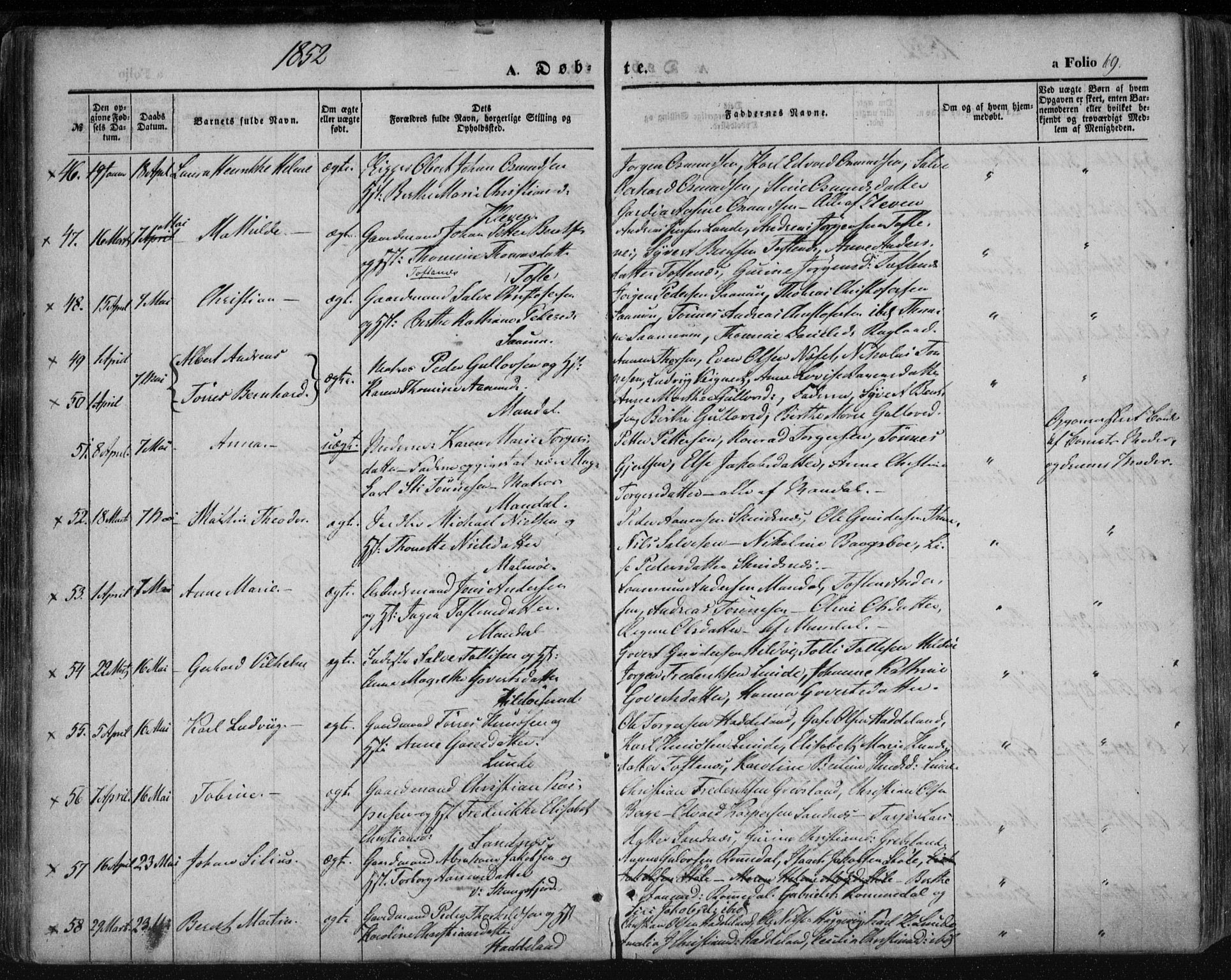 Mandal sokneprestkontor, AV/SAK-1111-0030/F/Fa/Faa/L0013: Ministerialbok nr. A 13, 1847-1859, s. 69