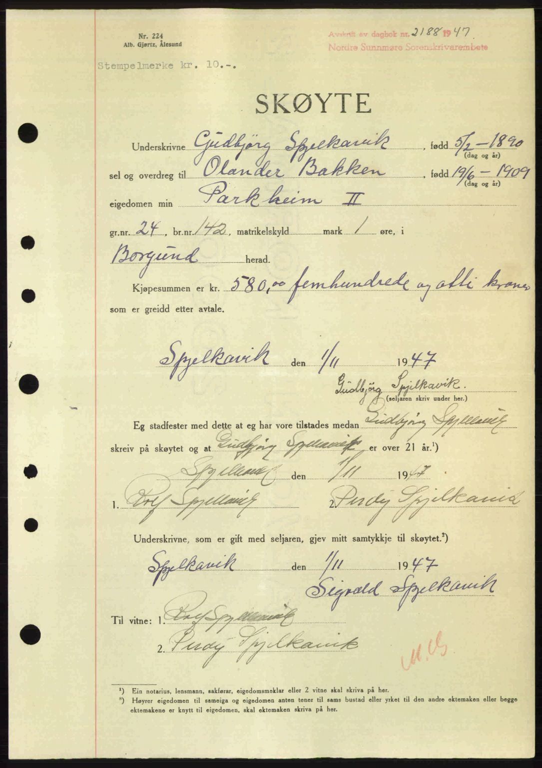 Nordre Sunnmøre sorenskriveri, AV/SAT-A-0006/1/2/2C/2Ca: Pantebok nr. A26, 1947-1948, Dagboknr: 2188/1947