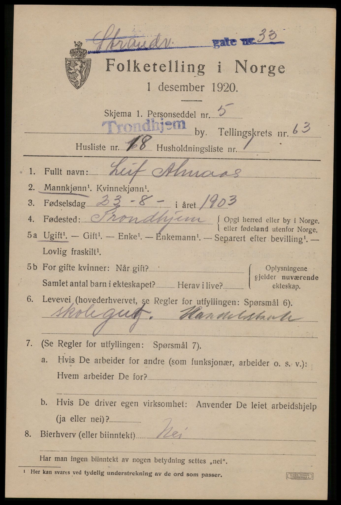 SAT, Folketelling 1920 for 1601 Trondheim kjøpstad, 1920, s. 126430