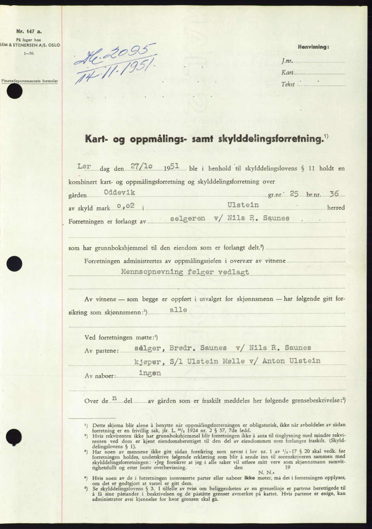 Søre Sunnmøre sorenskriveri, AV/SAT-A-4122/1/2/2C/L0090: Pantebok nr. 16A, 1951-1951, Dagboknr: 2095/1951