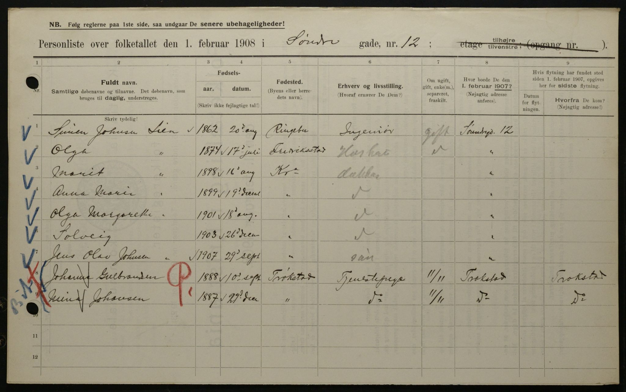 OBA, Kommunal folketelling 1.2.1908 for Kristiania kjøpstad, 1908, s. 95625