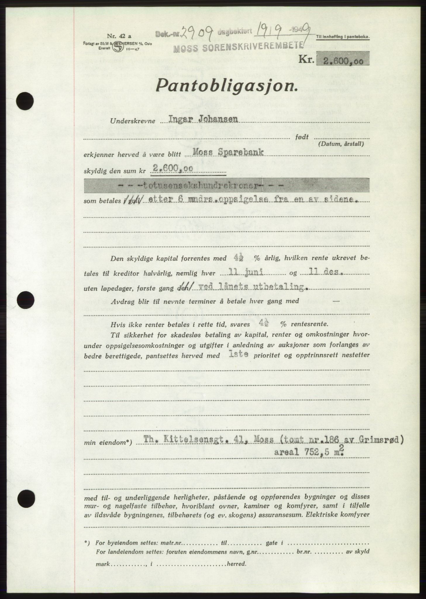 Moss sorenskriveri, SAO/A-10168: Pantebok nr. B22, 1949-1949, Dagboknr: 2909/1949
