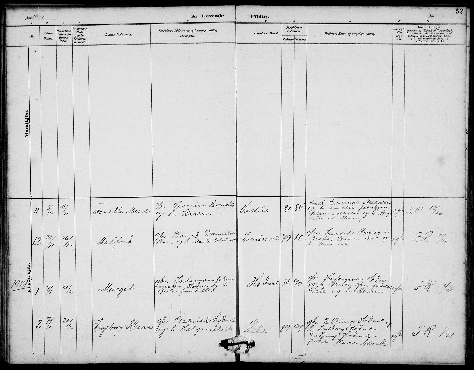 Klepp sokneprestkontor, AV/SAST-A-101803/001/3/30BB/L0006: Klokkerbok nr. B 6, 1889-1936, s. 52