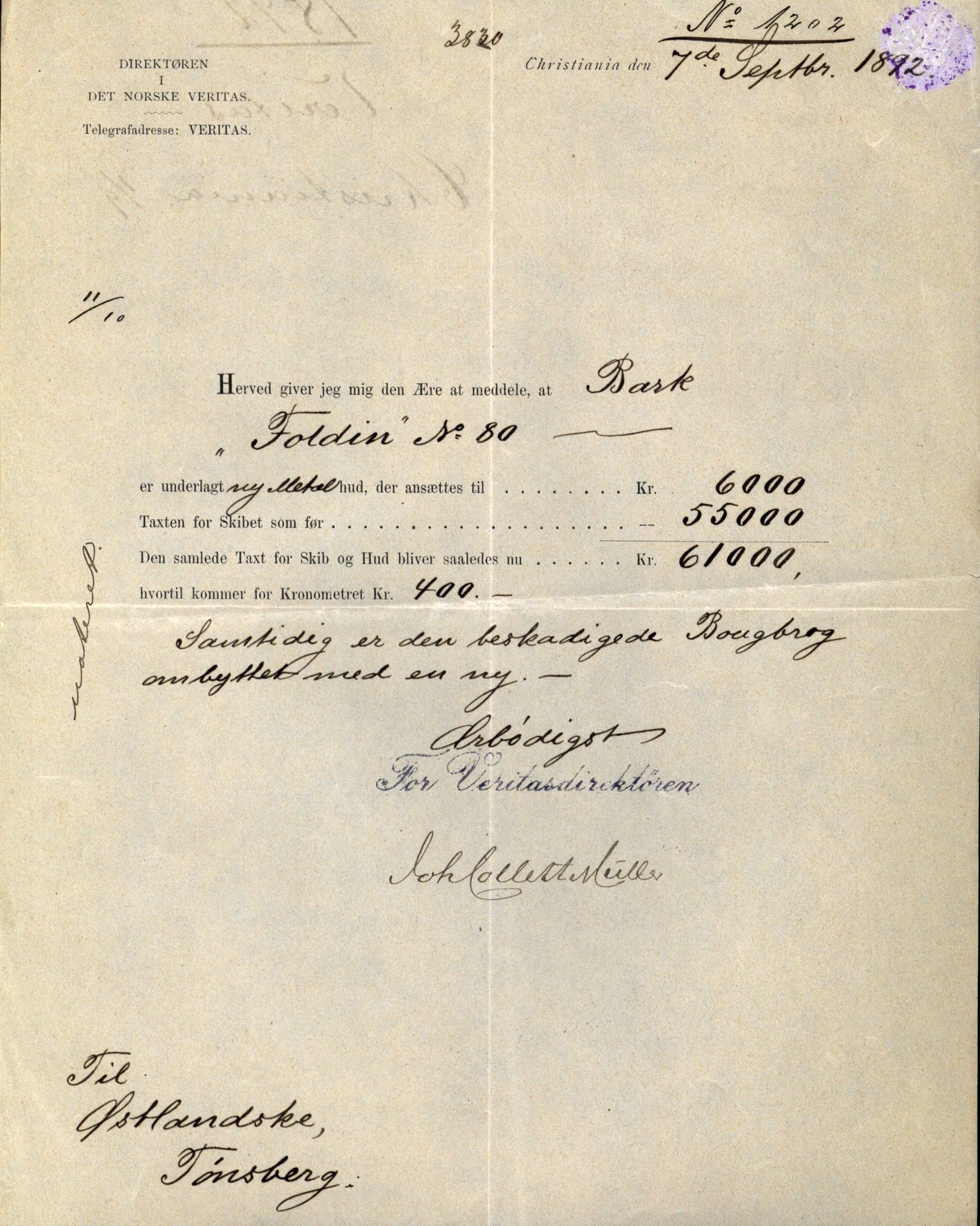 Pa 63 - Østlandske skibsassuranceforening, VEMU/A-1079/G/Ga/L0029/0007: Havaridokumenter / Diamant, Foldin, Aise, Florida, Flora, 1892, s. 90