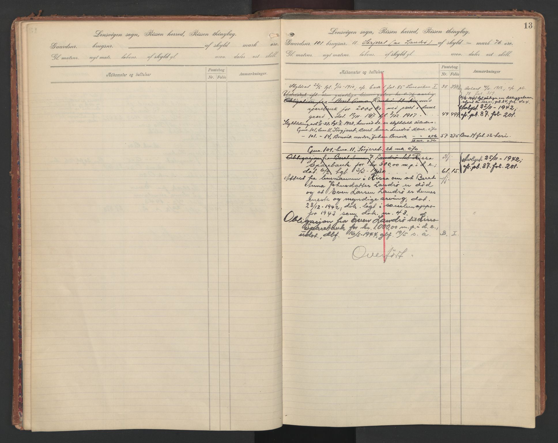 Fosen sorenskriveri, AV/SAT-A-1107/1/2/2A/L0038: Panteregister nr. 38, s. 13