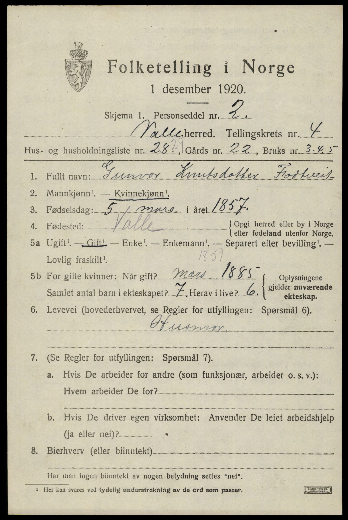 SAK, Folketelling 1920 for 0940 Valle herred, 1920, s. 2315