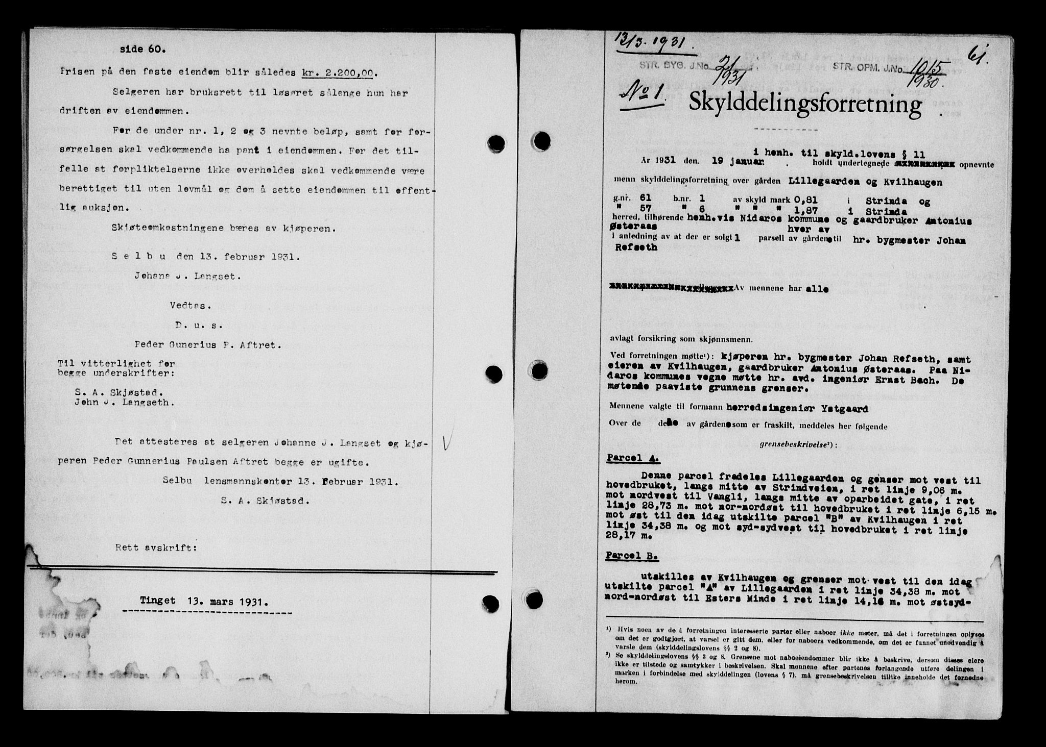 Strinda og Selbu sorenskriveri, SAT/A-0015/2/2C/L0066: Pantebok nr. 58, 1931-1931, Tingl.dato: 13.03.1931