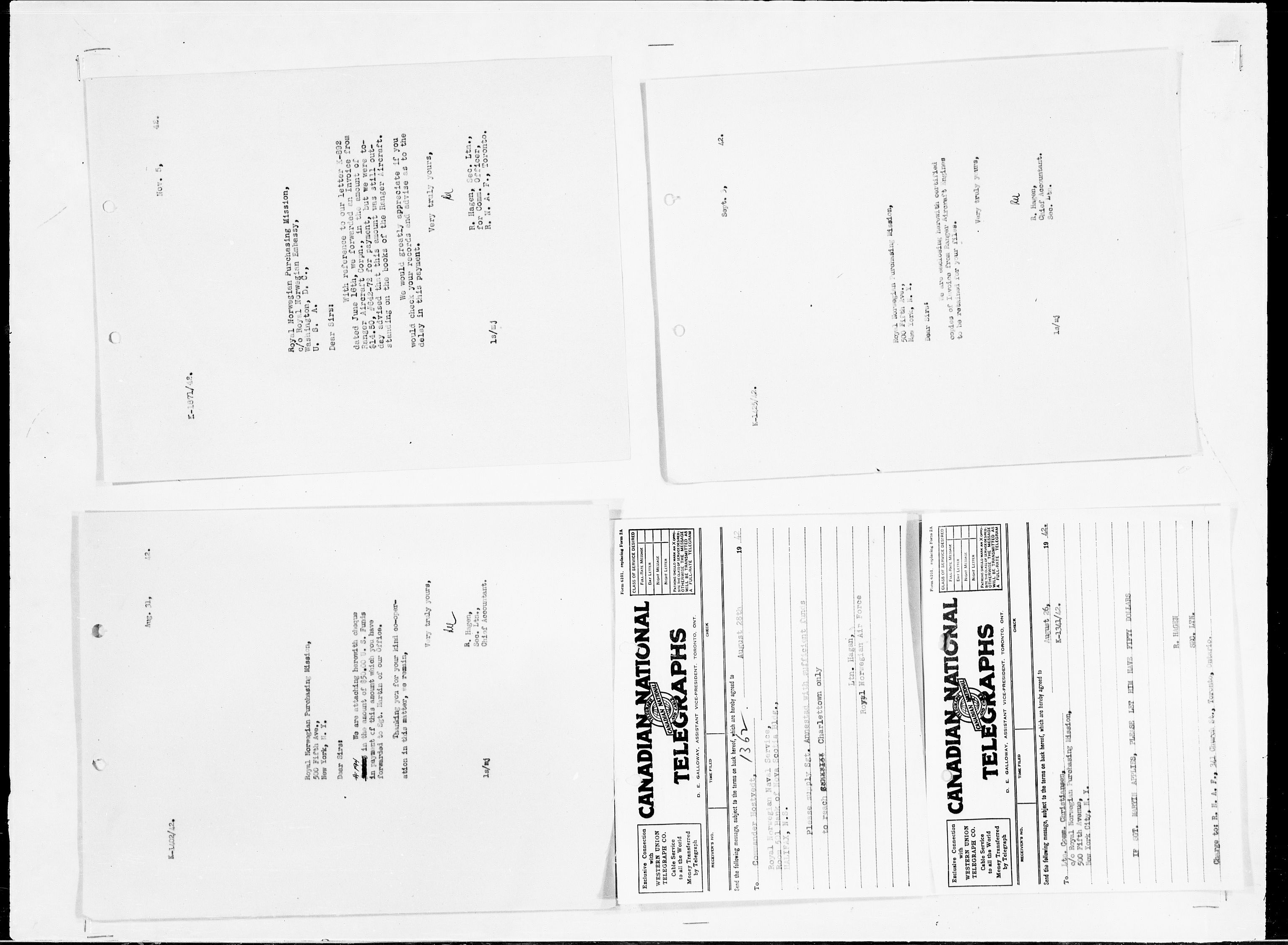 Forsvaret, Flyvåpnenes treningsleir 1940-1945, AV/RA-RAFA-3974/V/L0030: Regnskapsavdelingen.  Diverse, bl.a. Royal Norwegian Purchasing Commission - N.Y. City, og Luneburg., 1940-1945