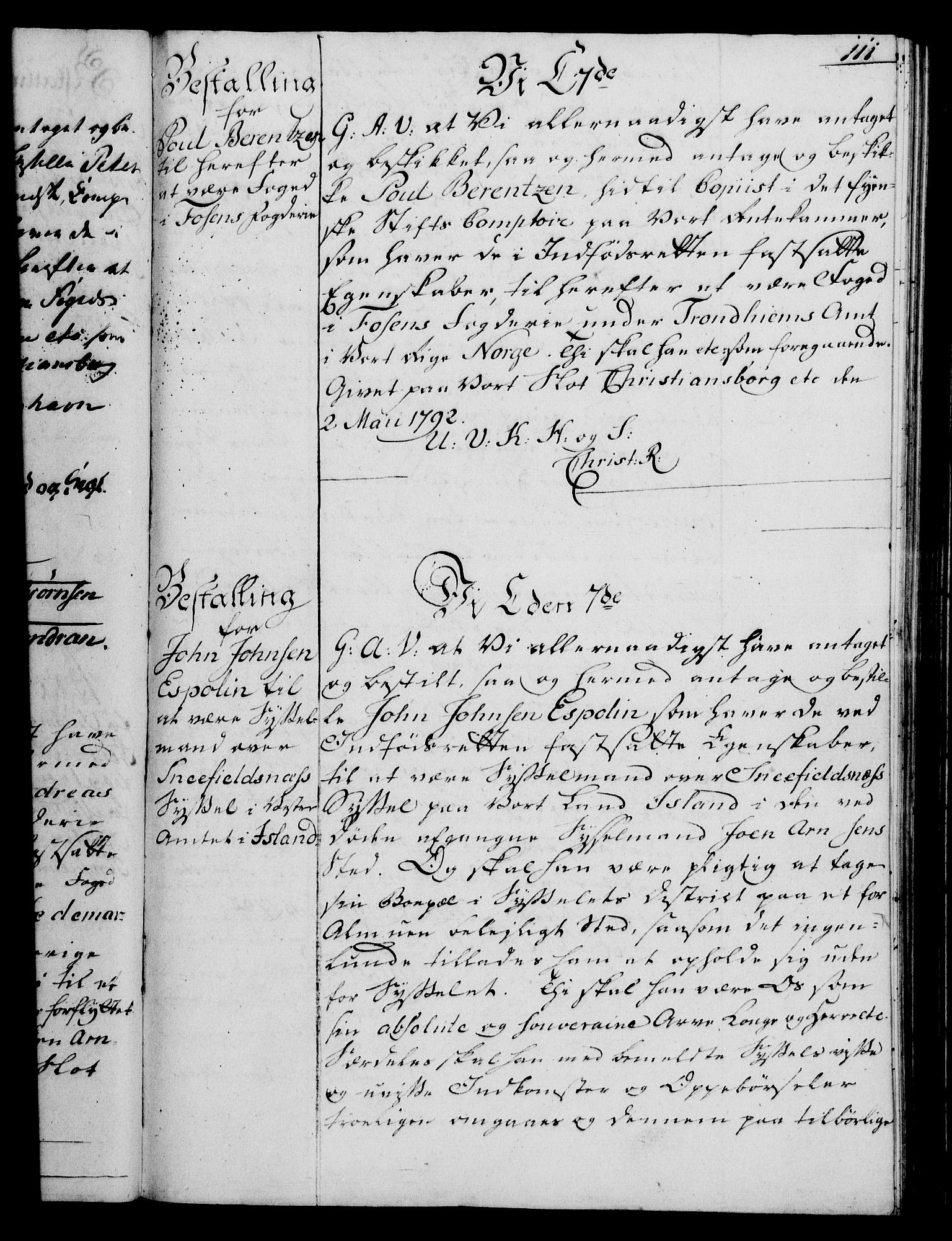 Rentekammeret, Kammerkanselliet, RA/EA-3111/G/Gg/Gge/L0006: Norsk bestallingsprotokoll med register (merket RK 53.30), 1773-1814, s. 111