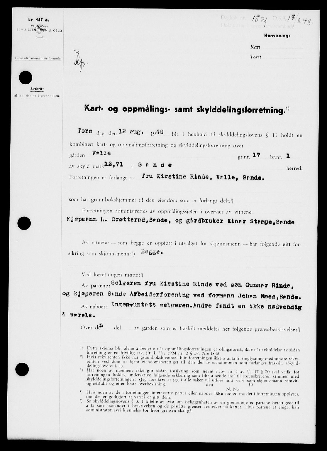 Holmestrand sorenskriveri, SAKO/A-67/G/Ga/Gaa/L0064: Pantebok nr. A-64, 1948-1948, Dagboknr: 1521/1948
