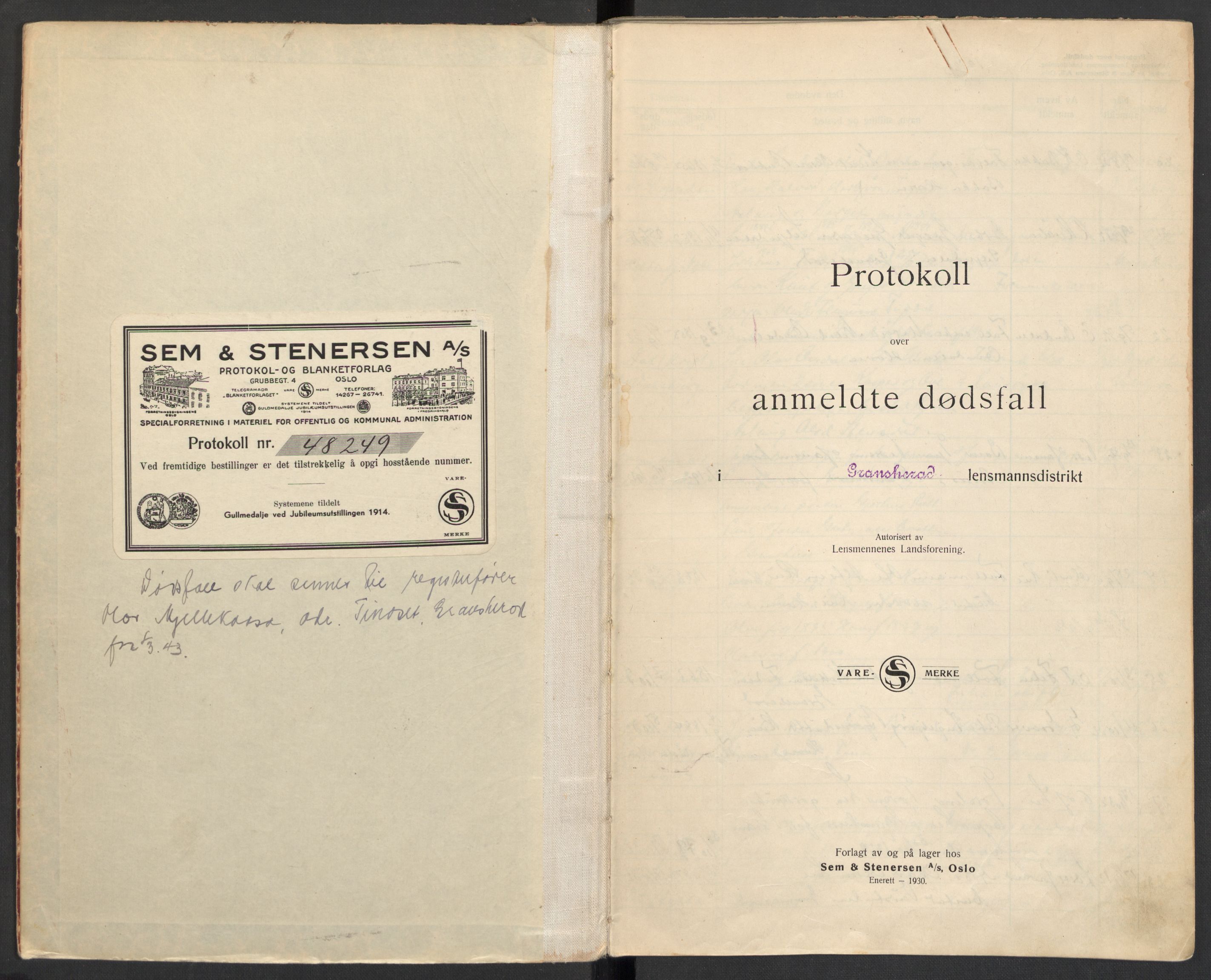 Gransherad lensmannskontor, AV/SAKO-A-557/H/Ha/L0004: Dødsanmeldelsesprotokoll, 1932-1947