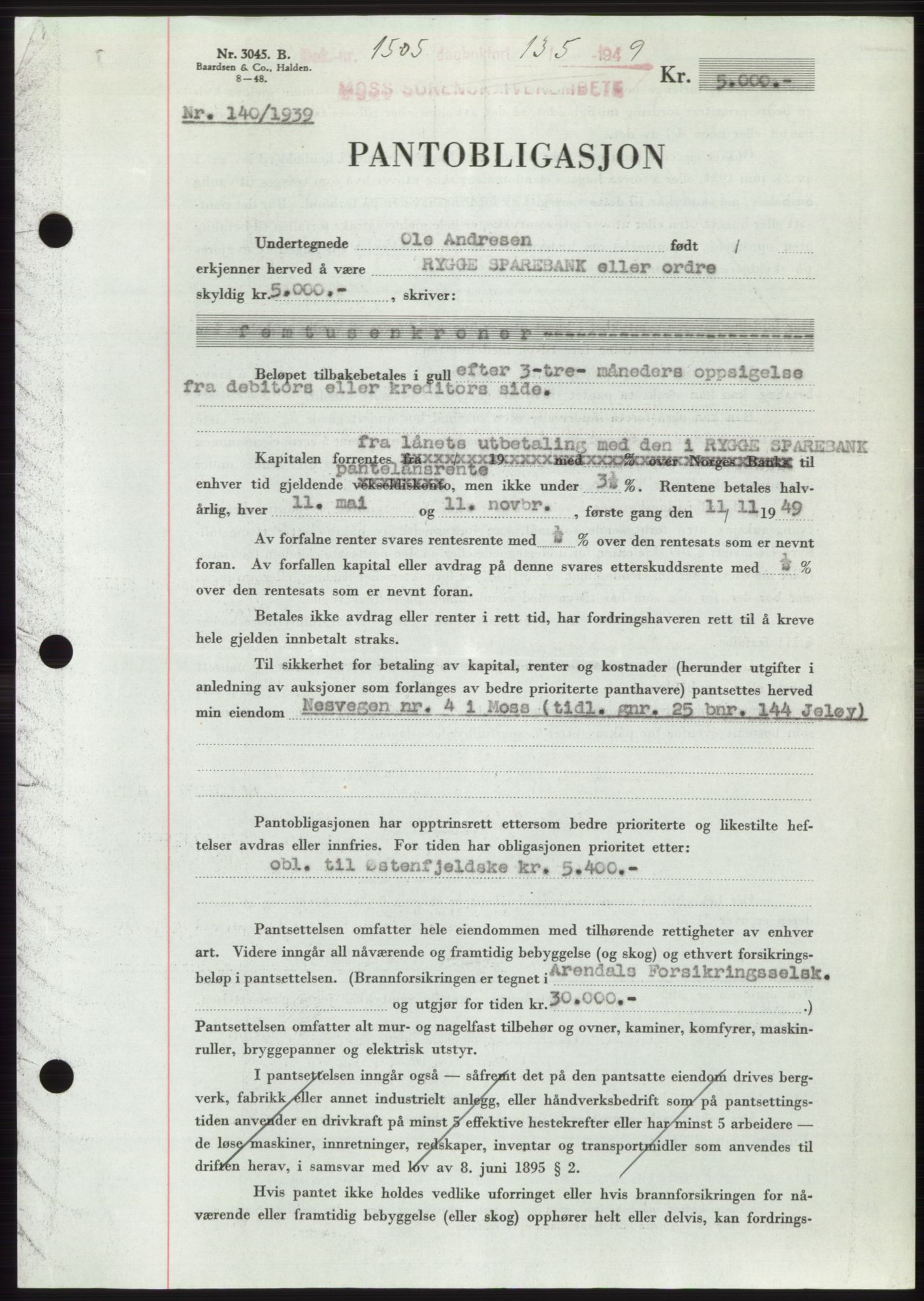 Moss sorenskriveri, SAO/A-10168: Pantebok nr. B21, 1949-1949, Dagboknr: 1505/1949