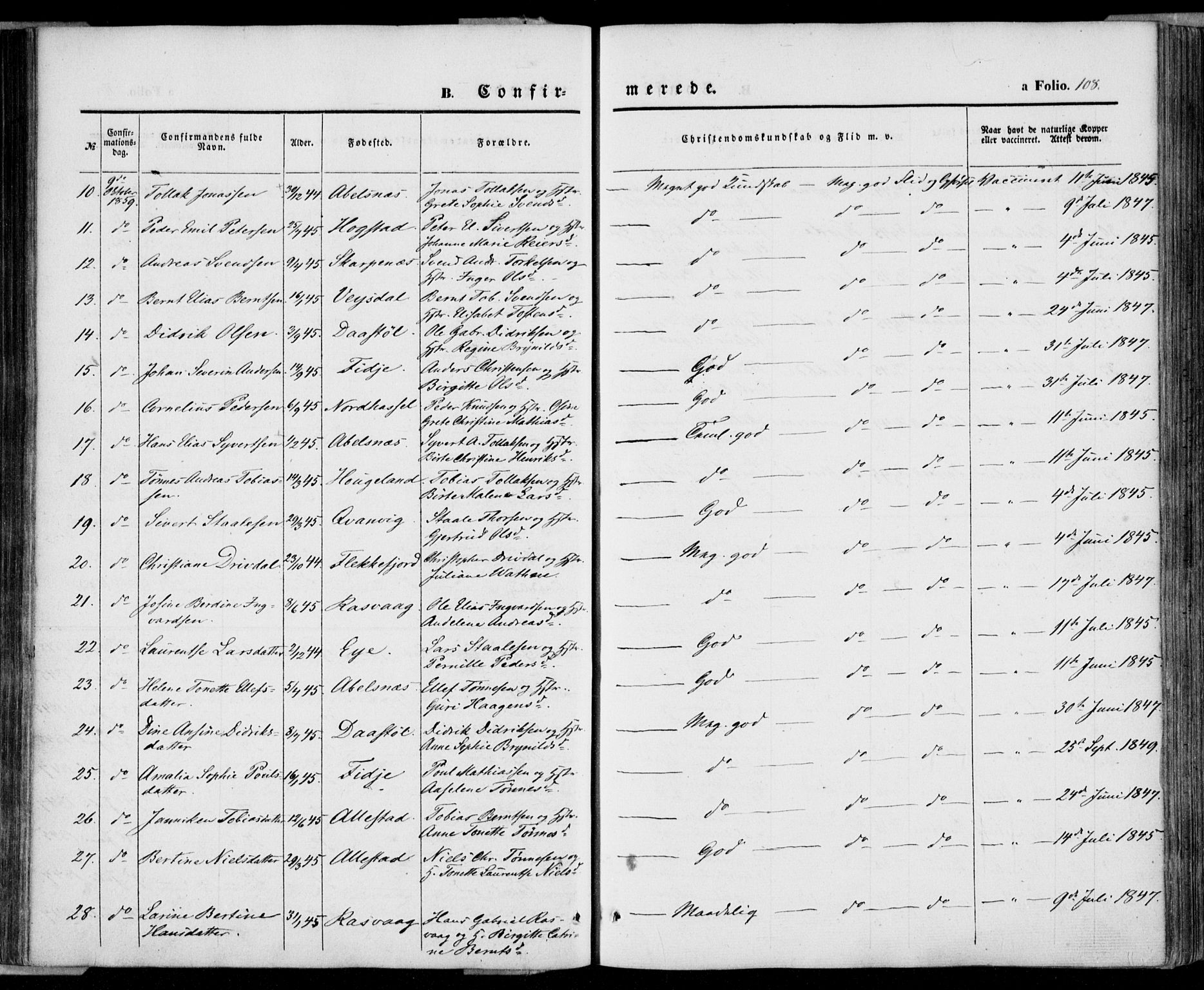 Flekkefjord sokneprestkontor, AV/SAK-1111-0012/F/Fa/Fab/L0004: Ministerialbok nr. A 4, 1850-1875, s. 108