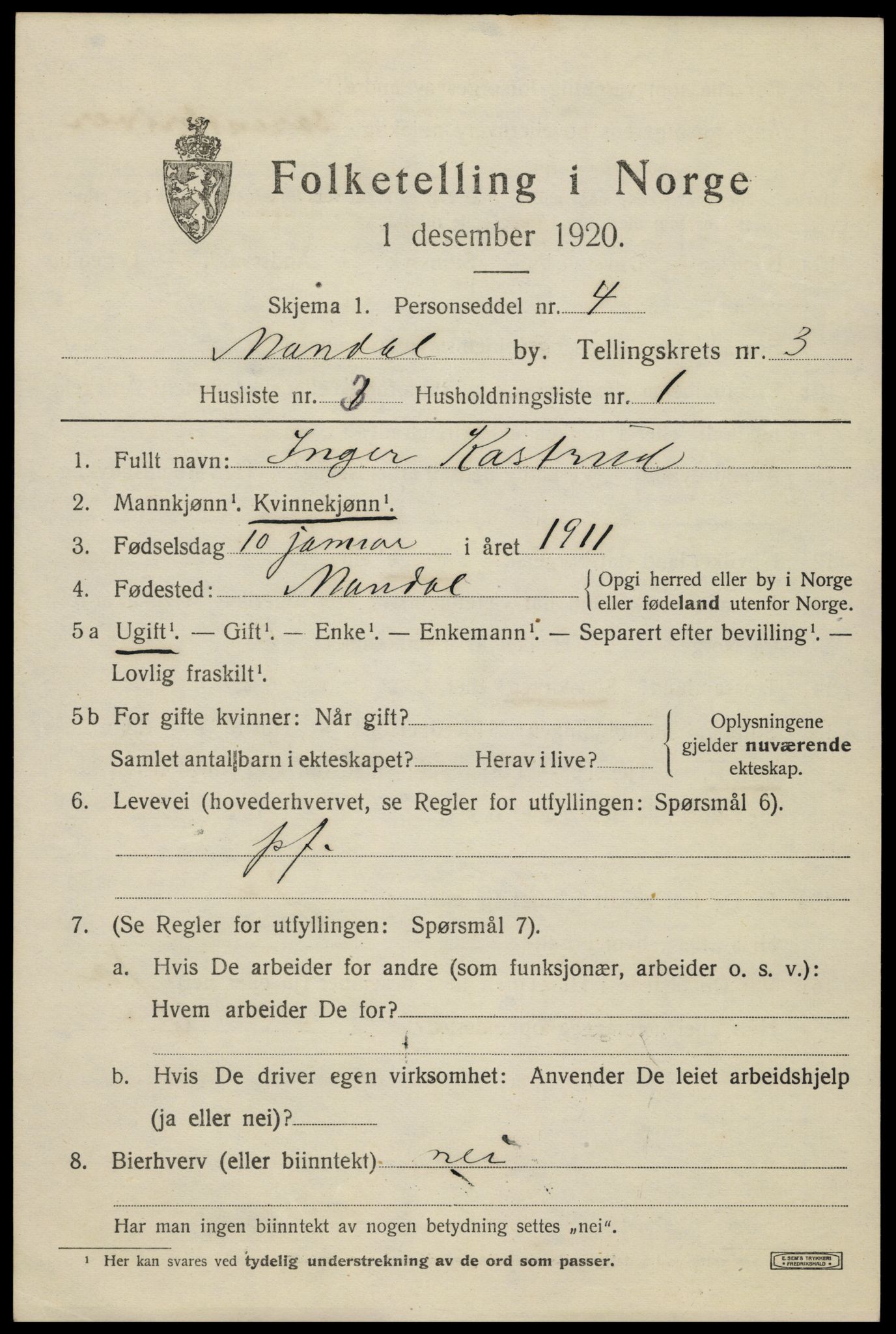 SAK, Folketelling 1920 for 1002 Mandal ladested, 1920, s. 5435