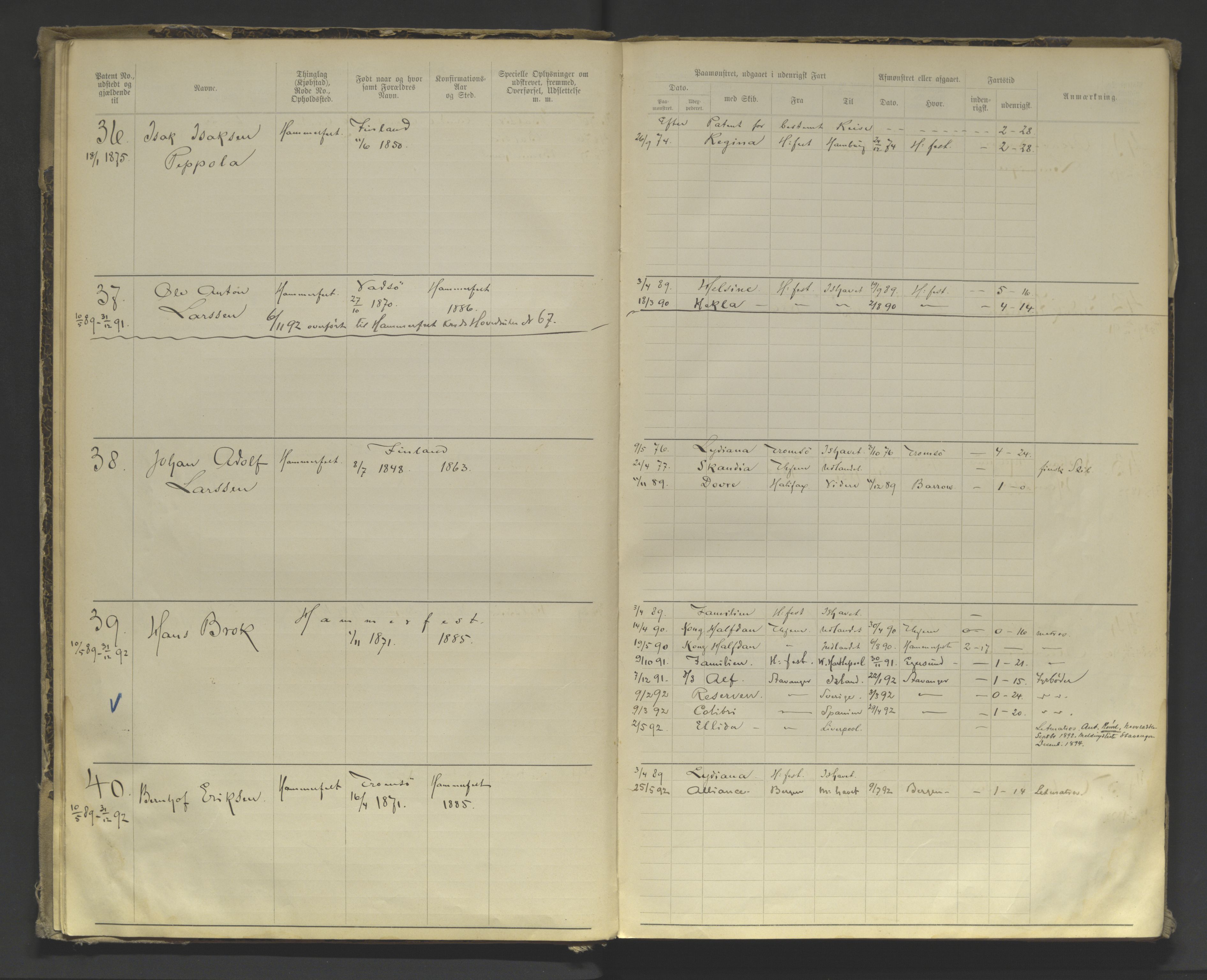 Tromsø sjømannskontor/innrullerings-/mønstringsdistrikt, AV/SATØ-S-0243/F/Fa/L0004: Annotasjonsrulle. Defekt: manglende rygg. Nr. 1-473, 1869-1912