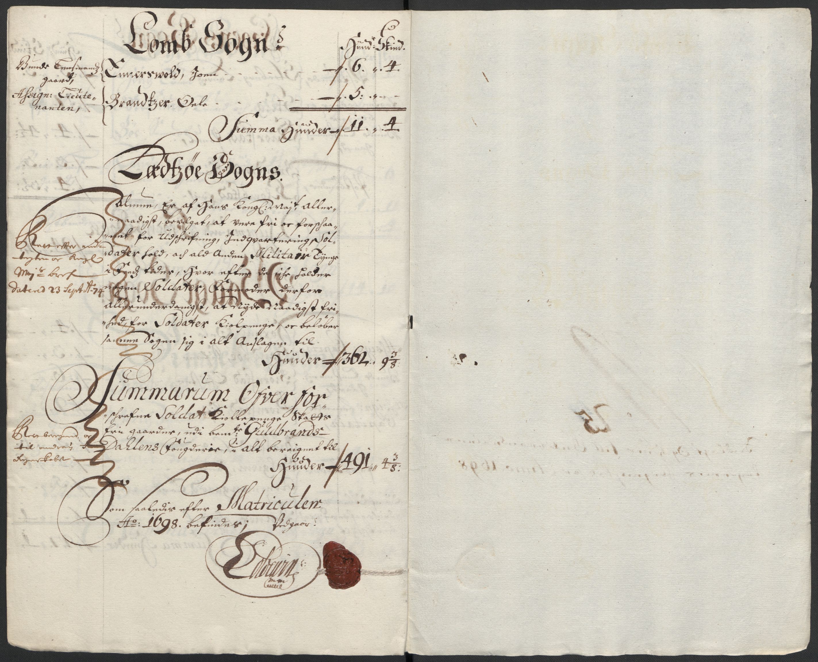 Rentekammeret inntil 1814, Reviderte regnskaper, Fogderegnskap, RA/EA-4092/R17/L1171: Fogderegnskap Gudbrandsdal, 1698, s. 216