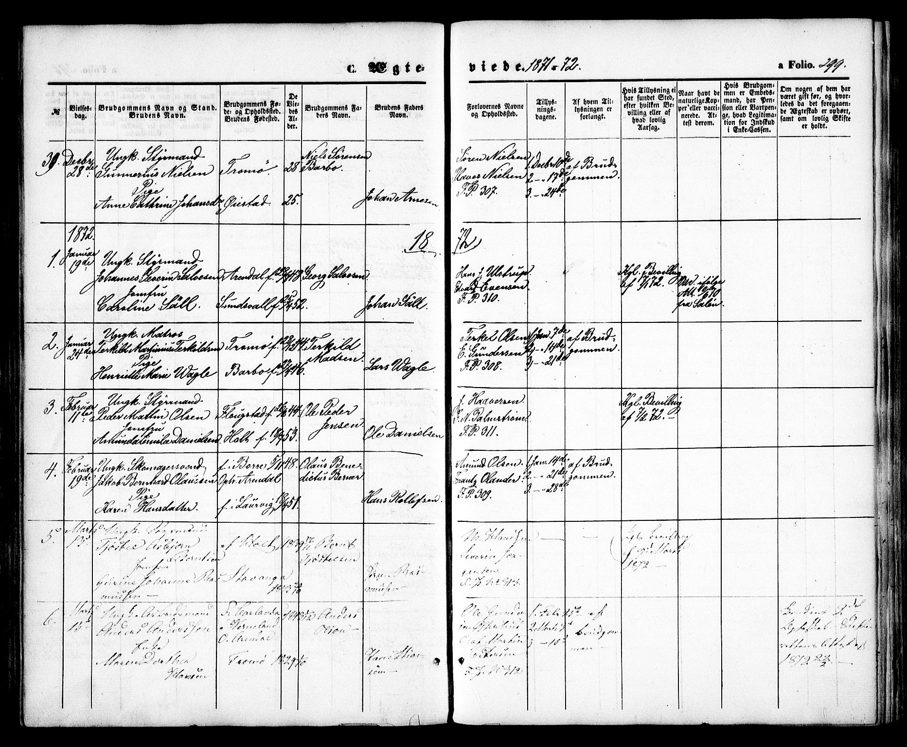 Arendal sokneprestkontor, Trefoldighet, AV/SAK-1111-0040/F/Fa/L0007: Ministerialbok nr. A 7, 1868-1878, s. 299