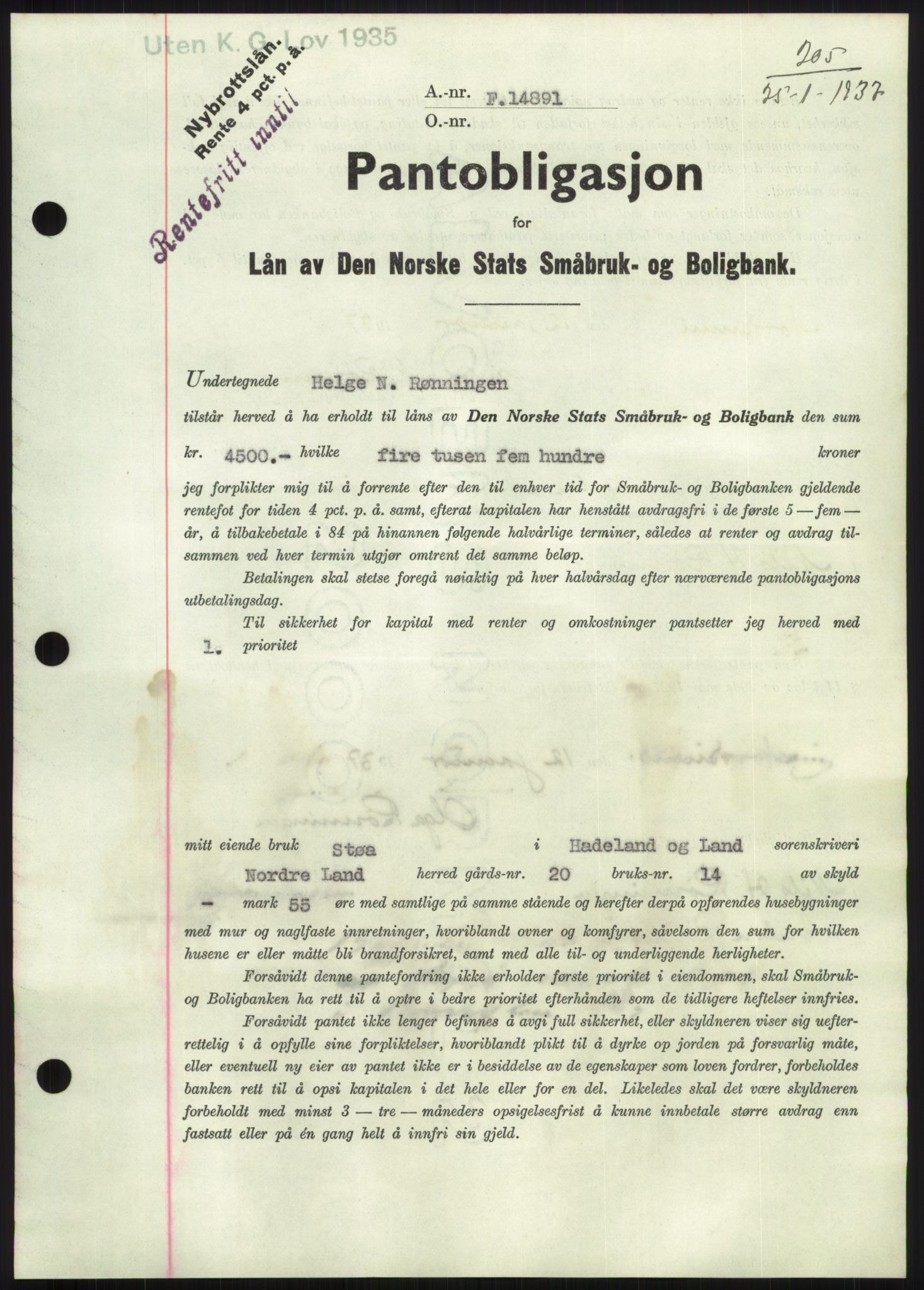 Hadeland og Land tingrett, SAH/TING-010/H/Hb/Hbc/L0002: Pantebok nr. B2, 1936-1937, Dagboknr: 205/1937