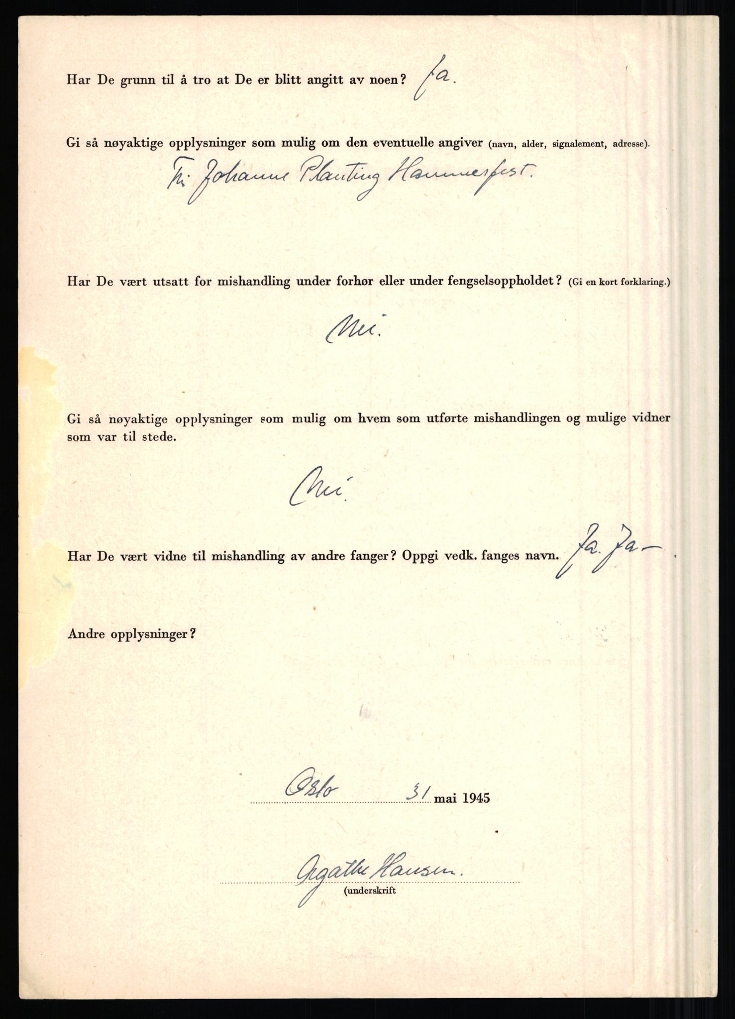 Rikspolitisjefen, AV/RA-S-1560/L/L0006: Hansen, Adolf Boye - Hemstad, Gunnar, 1940-1945, s. 4