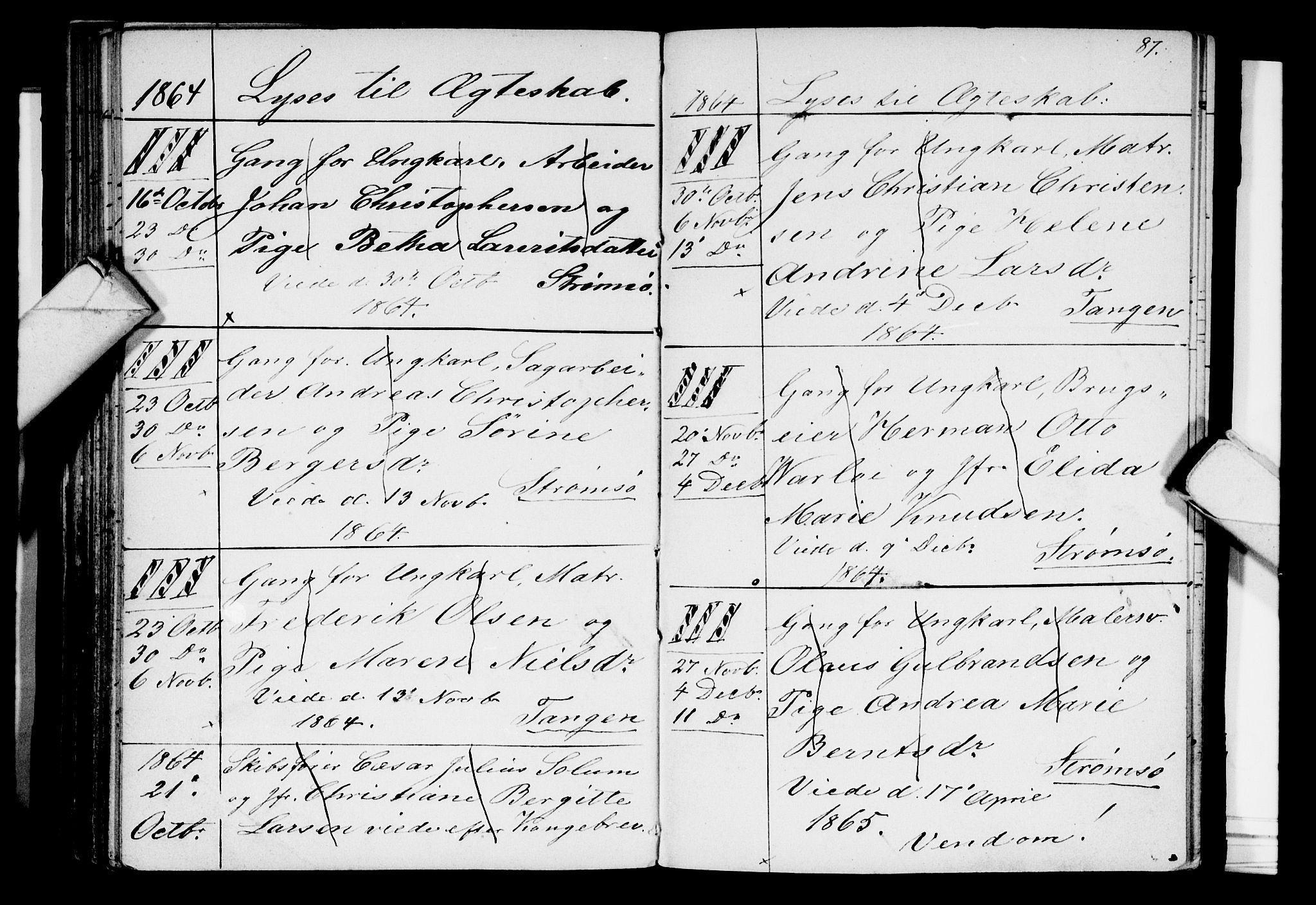 Strømsø kirkebøker, SAKO/A-246/H/Ha/L0002: Lysningsprotokoll nr. 2, 1850-1866, s. 87