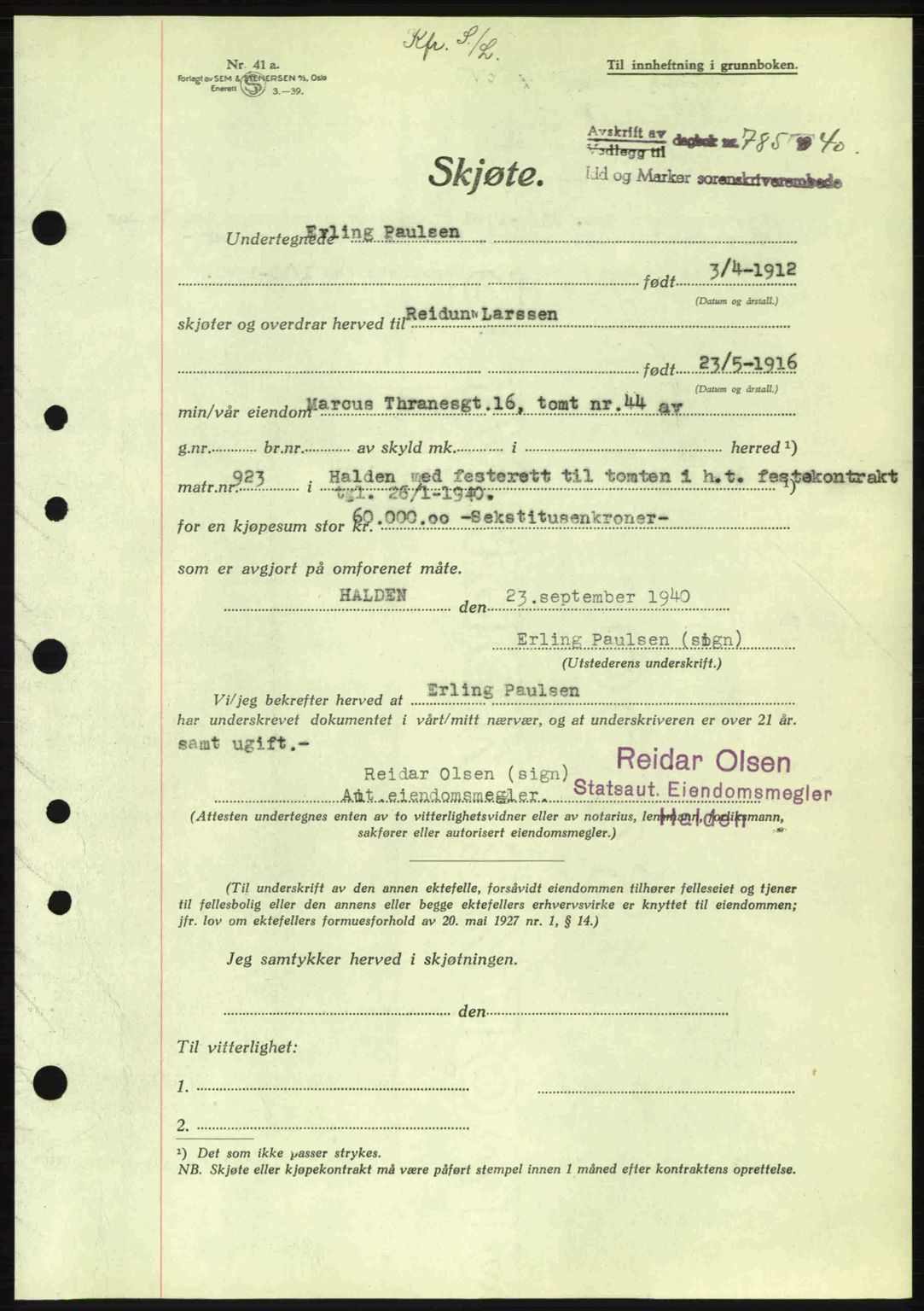 Idd og Marker sorenskriveri, AV/SAO-A-10283/G/Gb/Gbb/L0004: Pantebok nr. A4, 1940-1941, Dagboknr: 785/1940