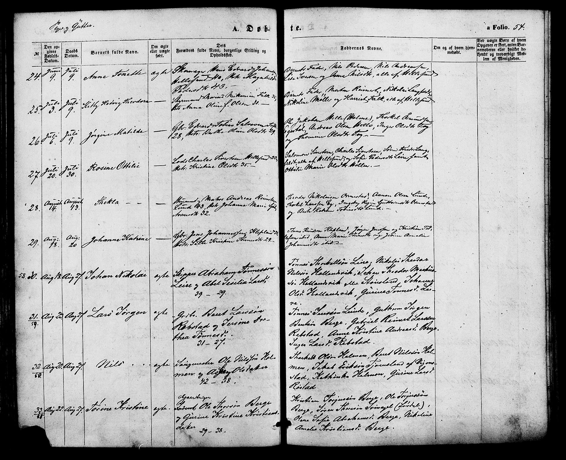 Søgne sokneprestkontor, SAK/1111-0037/F/Fa/Fab/L0011: Ministerialbok nr. A 11, 1869-1879, s. 54