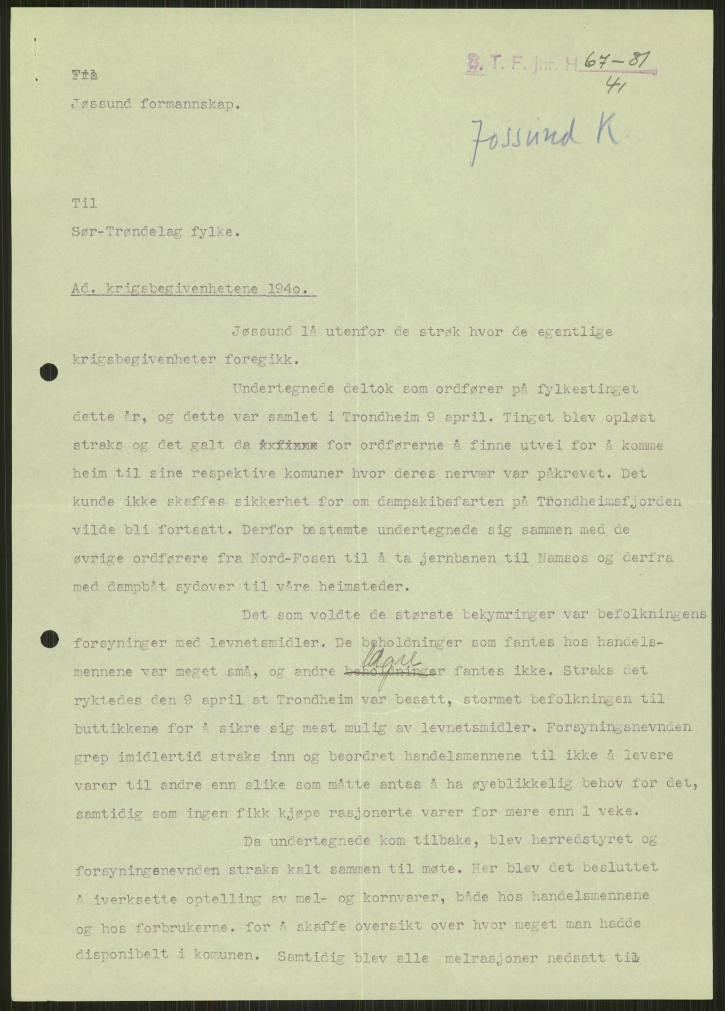 Forsvaret, Forsvarets krigshistoriske avdeling, RA/RAFA-2017/Y/Ya/L0016: II-C-11-31 - Fylkesmenn.  Rapporter om krigsbegivenhetene 1940., 1940, s. 19