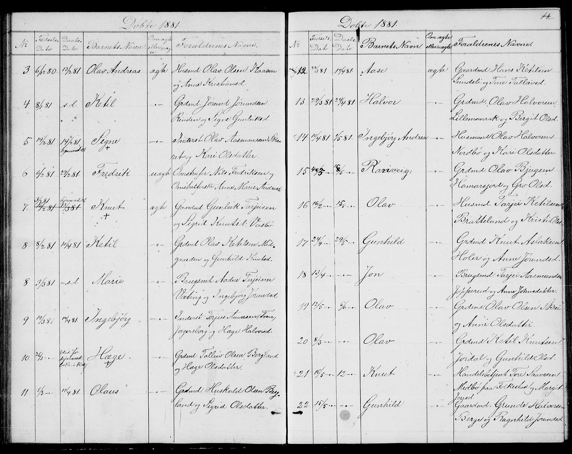 Fyresdal kirkebøker, AV/SAKO-A-263/G/Ga/L0004: Klokkerbok nr. I 4, 1864-1892, s. 44