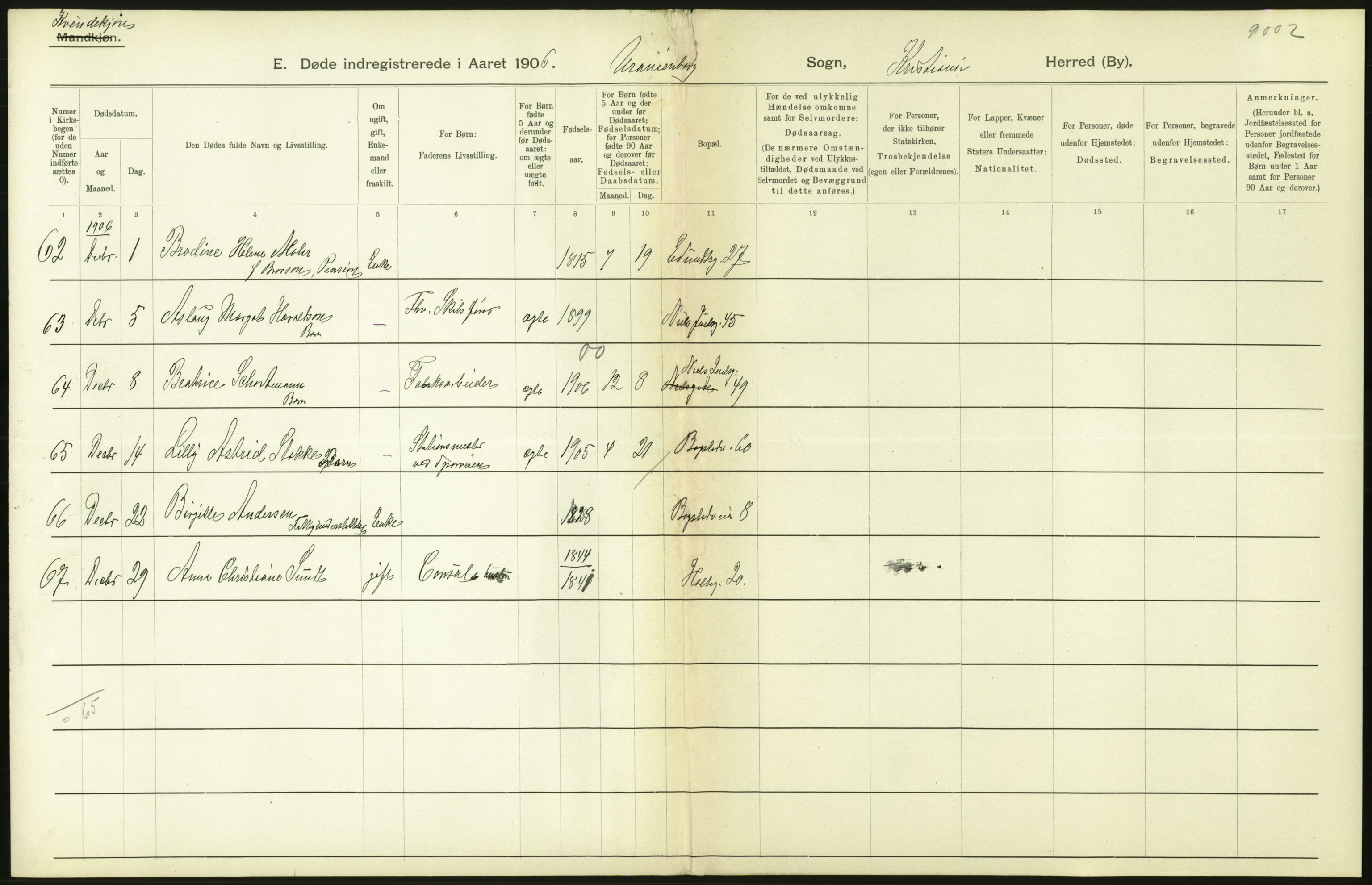 Statistisk sentralbyrå, Sosiodemografiske emner, Befolkning, AV/RA-S-2228/D/Df/Dfa/Dfad/L0009: Kristiania: Døde, 1906, s. 482