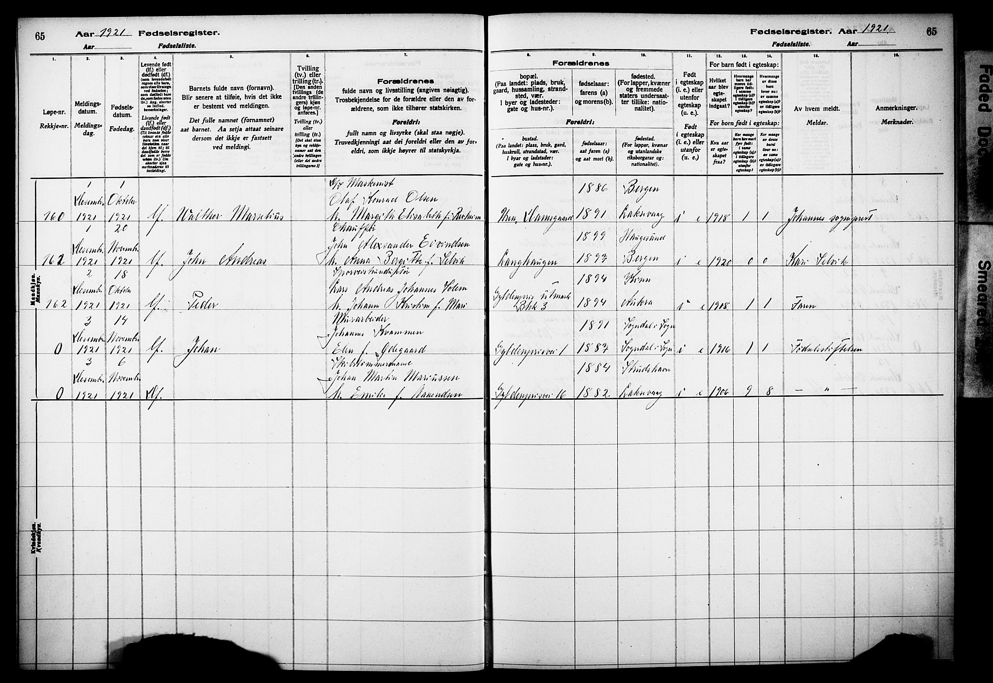 Årstad Sokneprestembete, AV/SAB-A-79301/I/Id/L0A02: Fødselsregister nr. A 2, 1920-1924, s. 65
