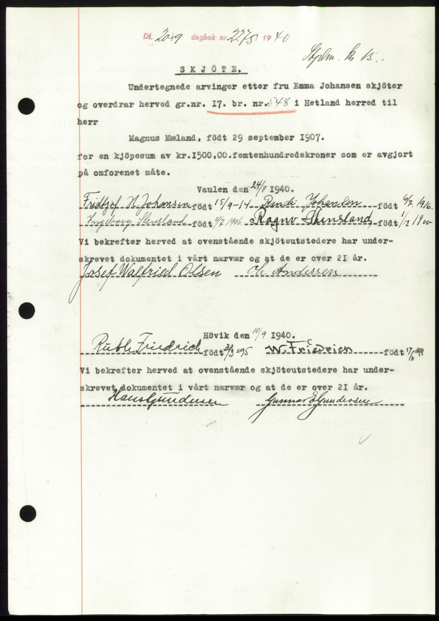 Jæren sorenskriveri, SAST/A-100310/03/G/Gba/L0078: Pantebok, 1940-1940, Dagboknr: 2275/1940