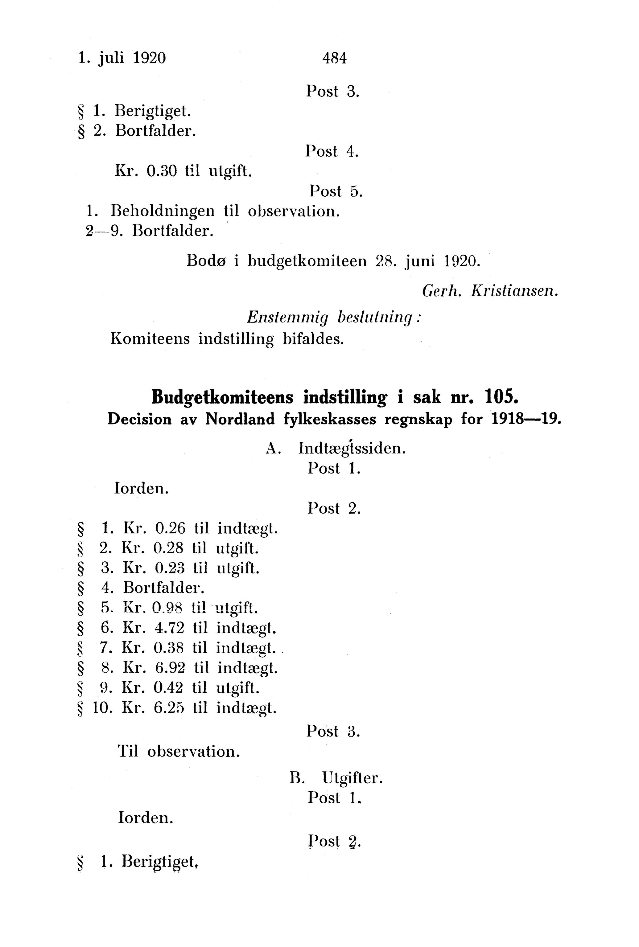 Nordland Fylkeskommune. Fylkestinget, AIN/NFK-17/176/A/Ac/L0043: Fylkestingsforhandlinger 1920, 1920