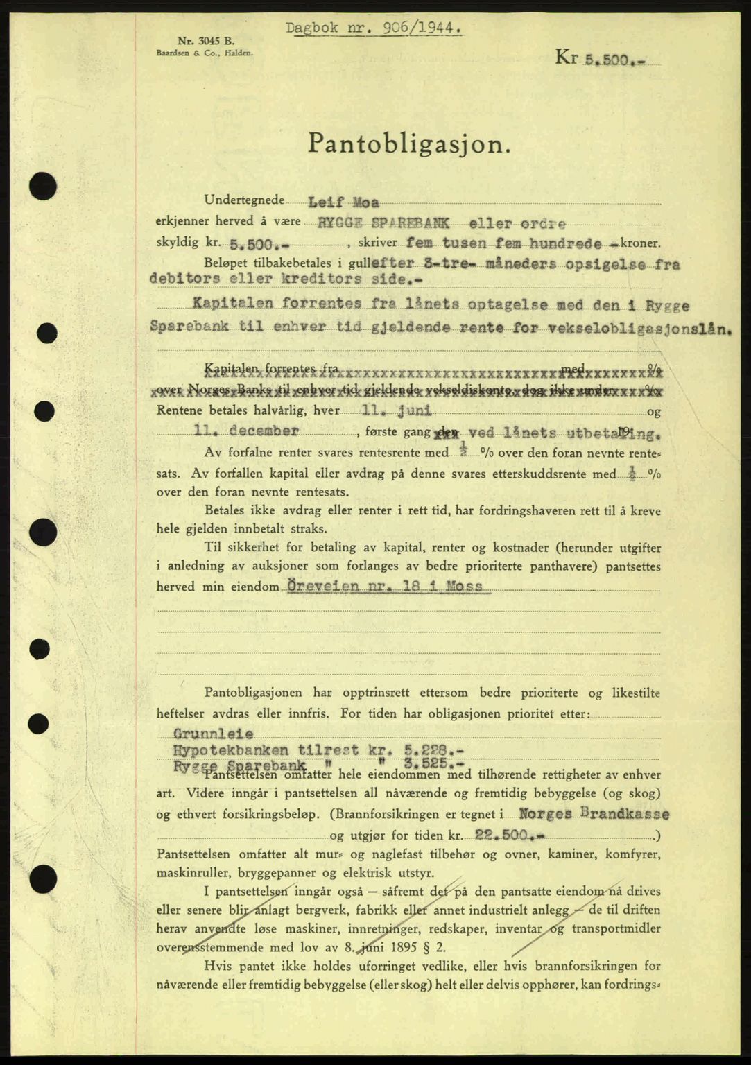 Moss sorenskriveri, SAO/A-10168: Pantebok nr. B13, 1943-1945, Dagboknr: 906/1944