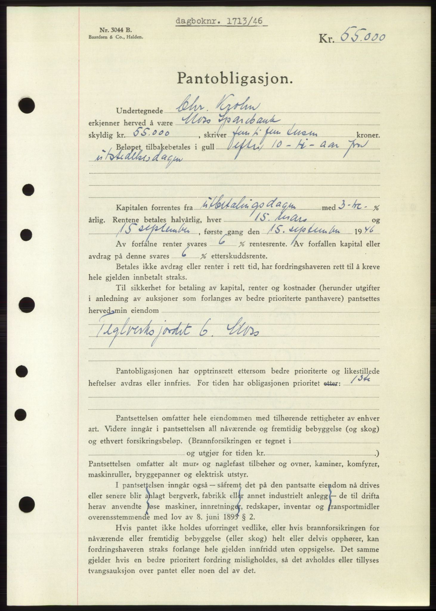 Moss sorenskriveri, SAO/A-10168: Pantebok nr. B15, 1946-1946, Dagboknr: 1713/1946