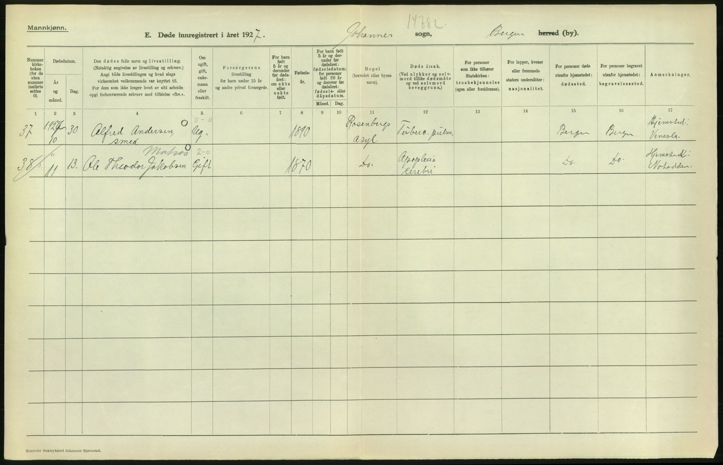 Statistisk sentralbyrå, Sosiodemografiske emner, Befolkning, AV/RA-S-2228/D/Df/Dfc/Dfcg/L0028: Bergen: Gifte, døde., 1927, s. 758