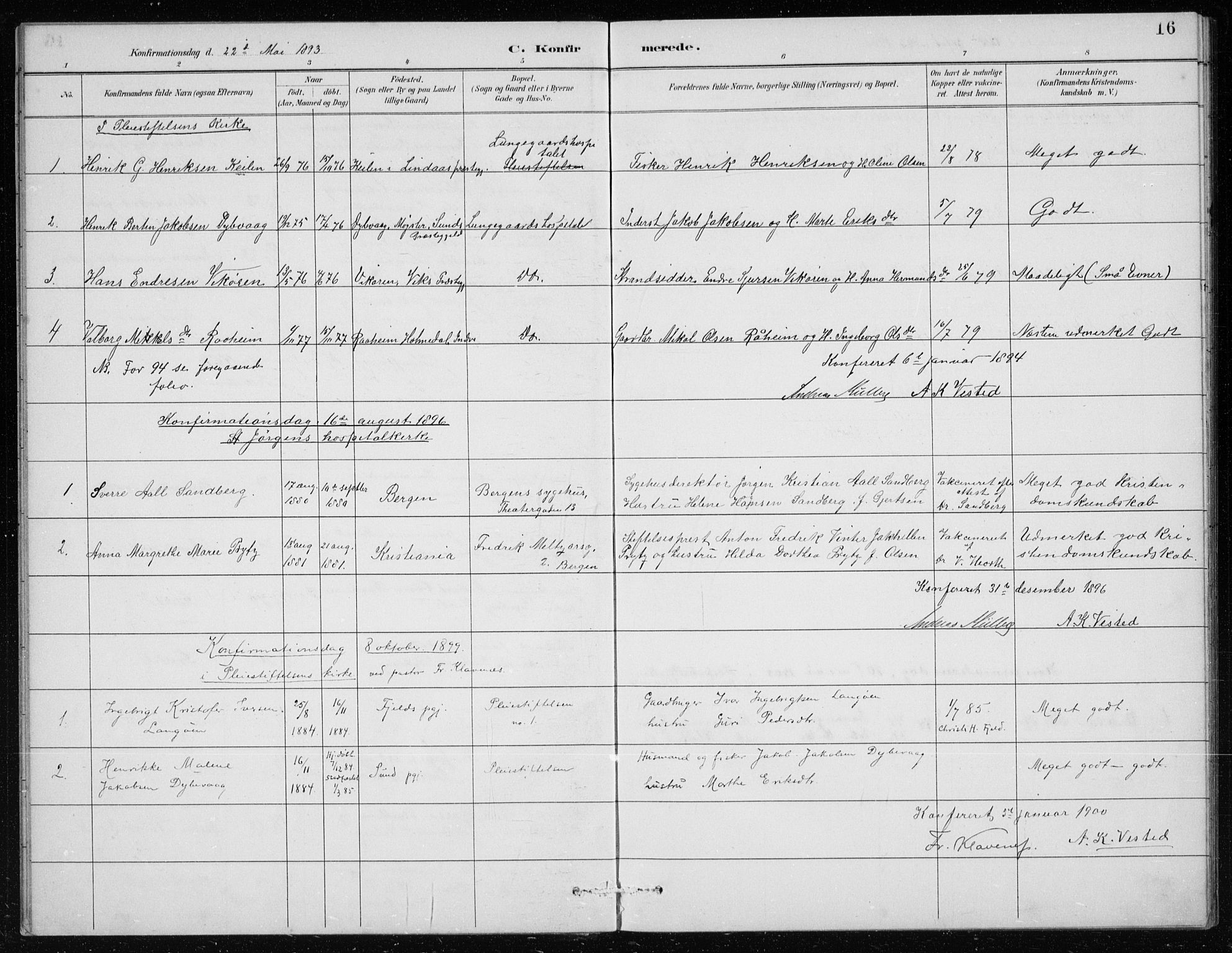 St. Jørgens hospital og Årstad sokneprestembete, AV/SAB-A-99934: Klokkerbok nr. A 10, 1886-1910, s. 16