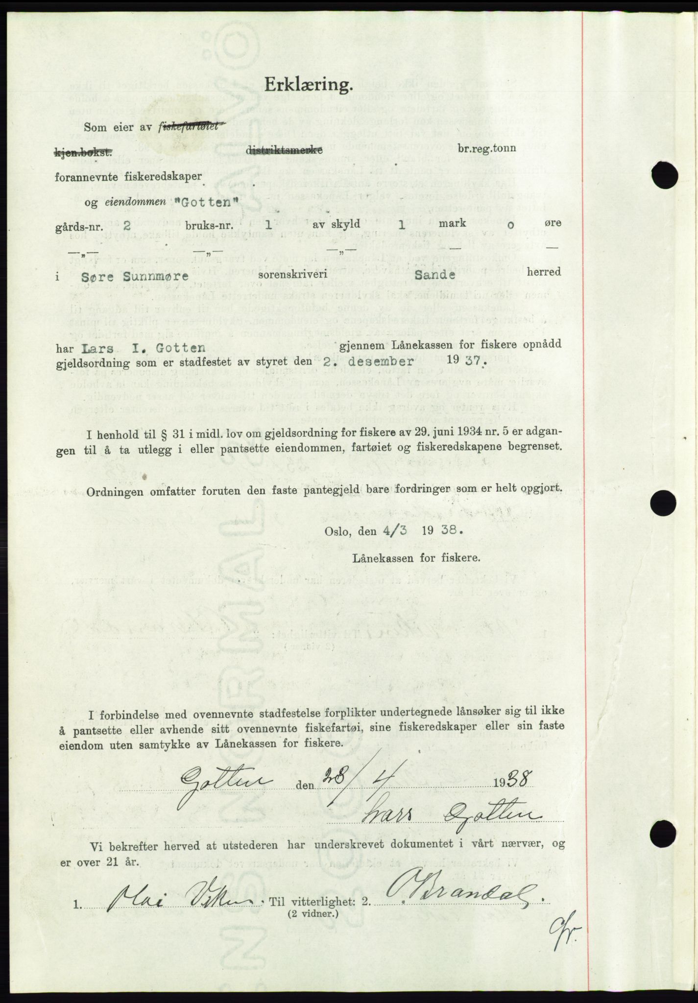 Søre Sunnmøre sorenskriveri, AV/SAT-A-4122/1/2/2C/L0065: Pantebok nr. 59, 1938-1938, Dagboknr: 708/1938