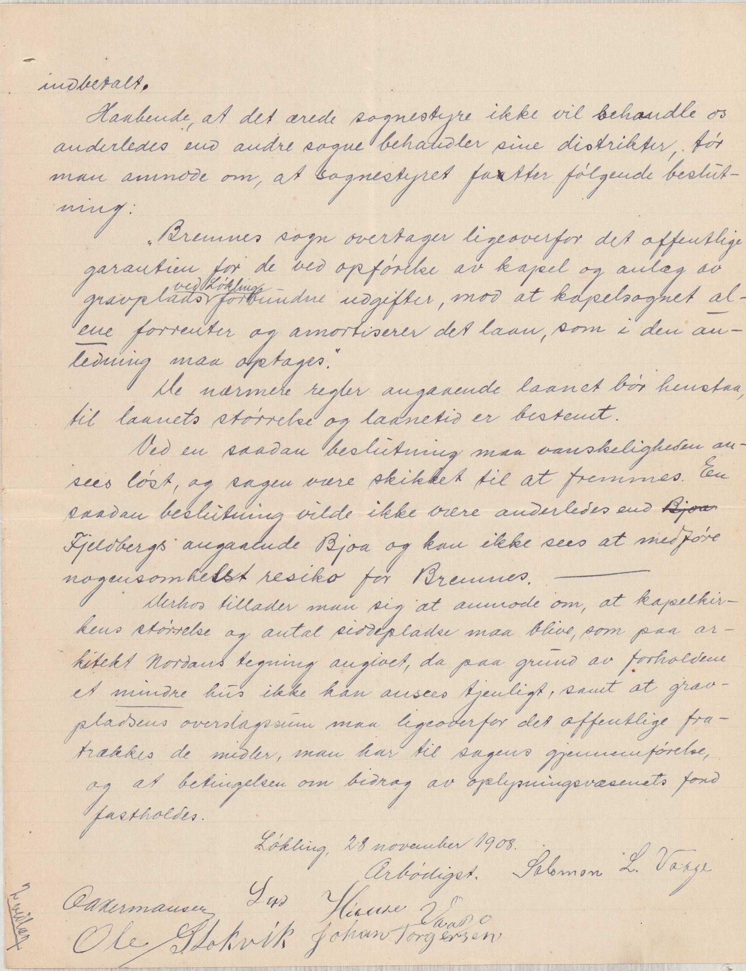 Finnaas kommune. Formannskapet, IKAH/1218a-021/D/Da/L0001/0006: Korrespondanse / saker / Kapellkyrkje på Løkling, 1906-1910, s. 27