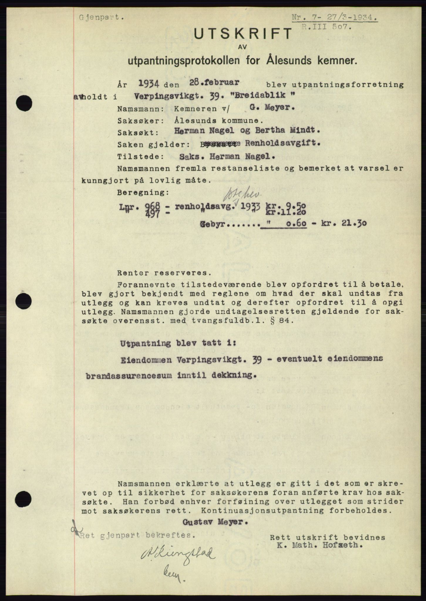 Ålesund byfogd, AV/SAT-A-4384: Pantebok nr. 31, 1933-1934, Tingl.dato: 27.03.1934